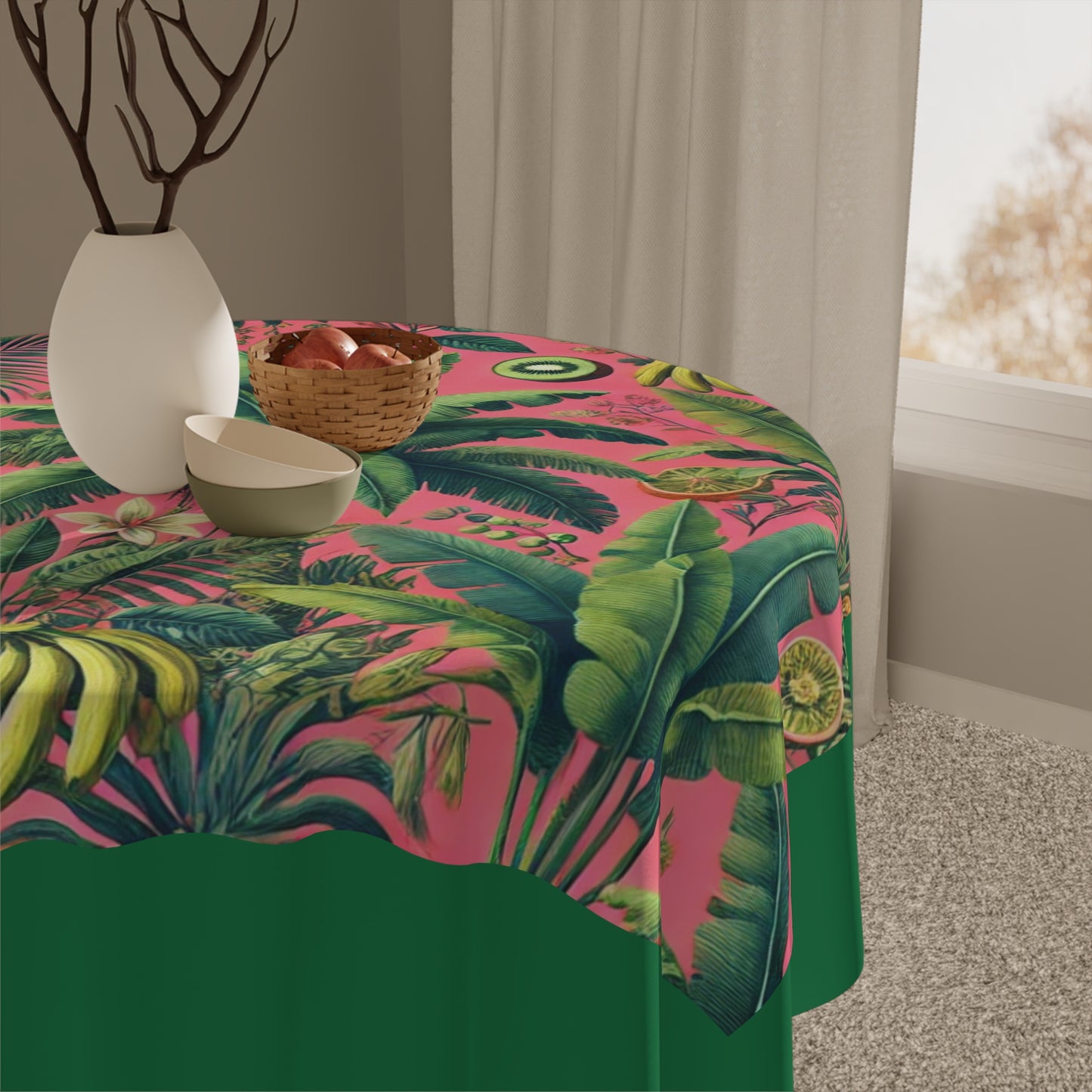 Tropical Fruits Pink/Dark Green~ Square Tablecloth, 55" x 55"