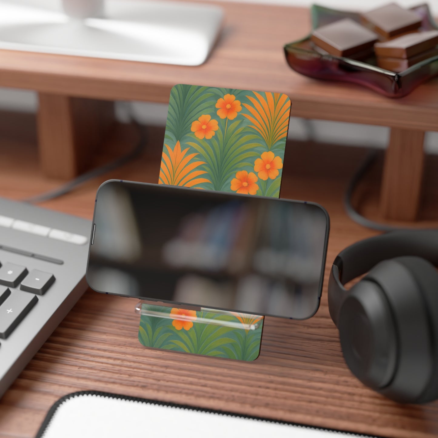Stylish Smartphone Display Stand with Iconic Artwork - Sunrise Palms/Orange