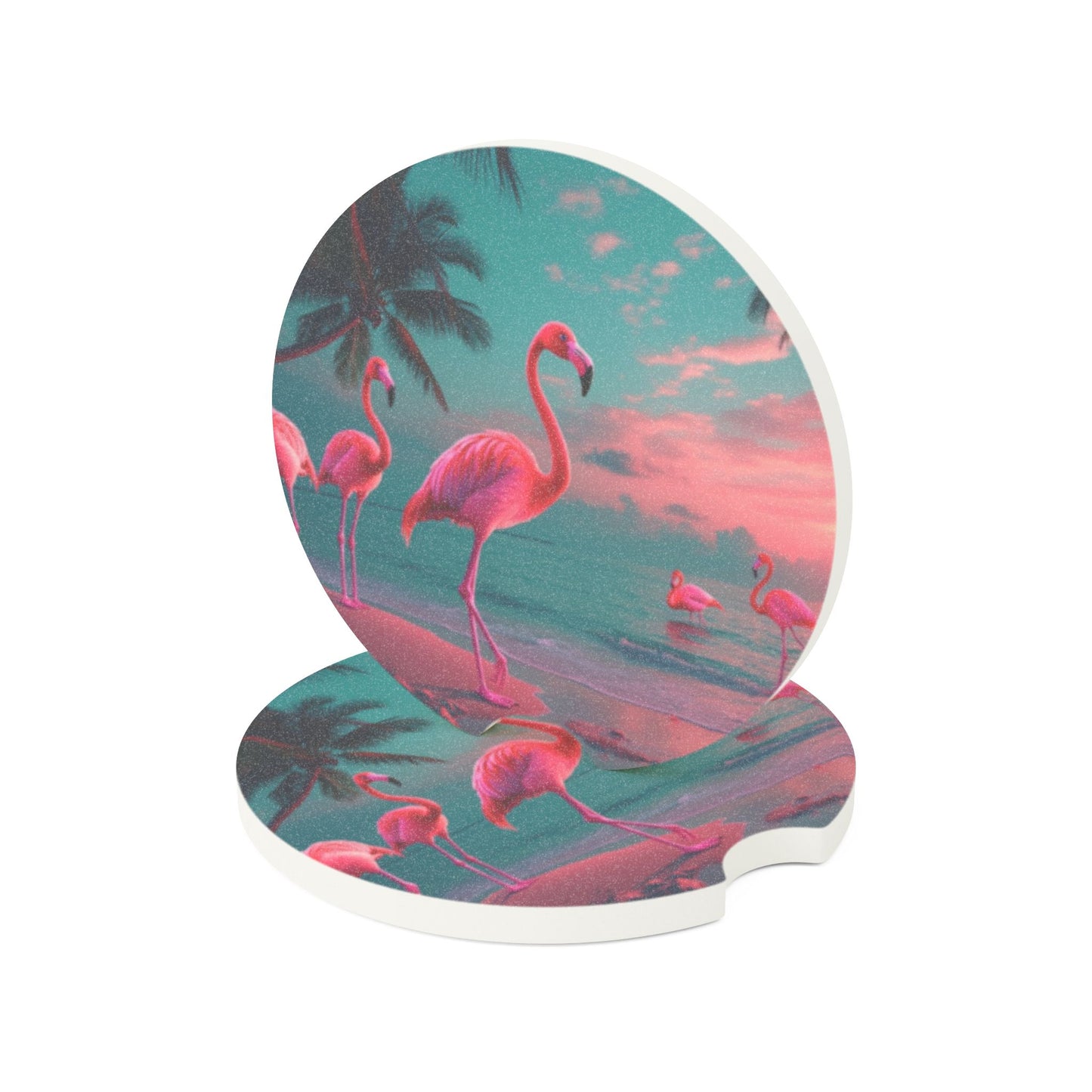 Soapstone Car Coaster - Neon Flamingos at Night