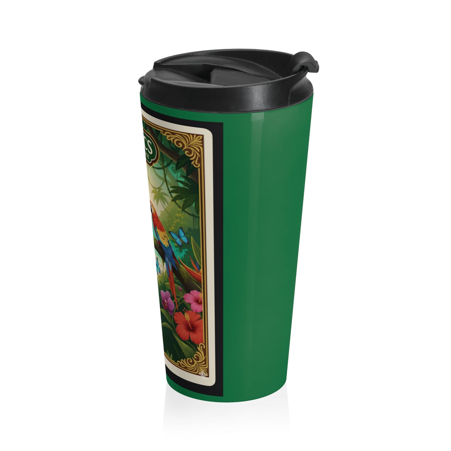 15 oz. Stainless Steel Travel Mug / Parrot & Friends, Dark Green