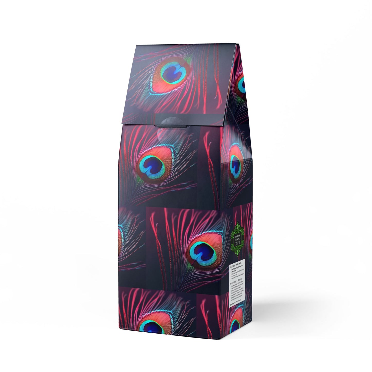 Black Coral Blend™ (Dark French Roast) Specialty Grade Craft Coffee / Peacock Eye Feather, Magenta