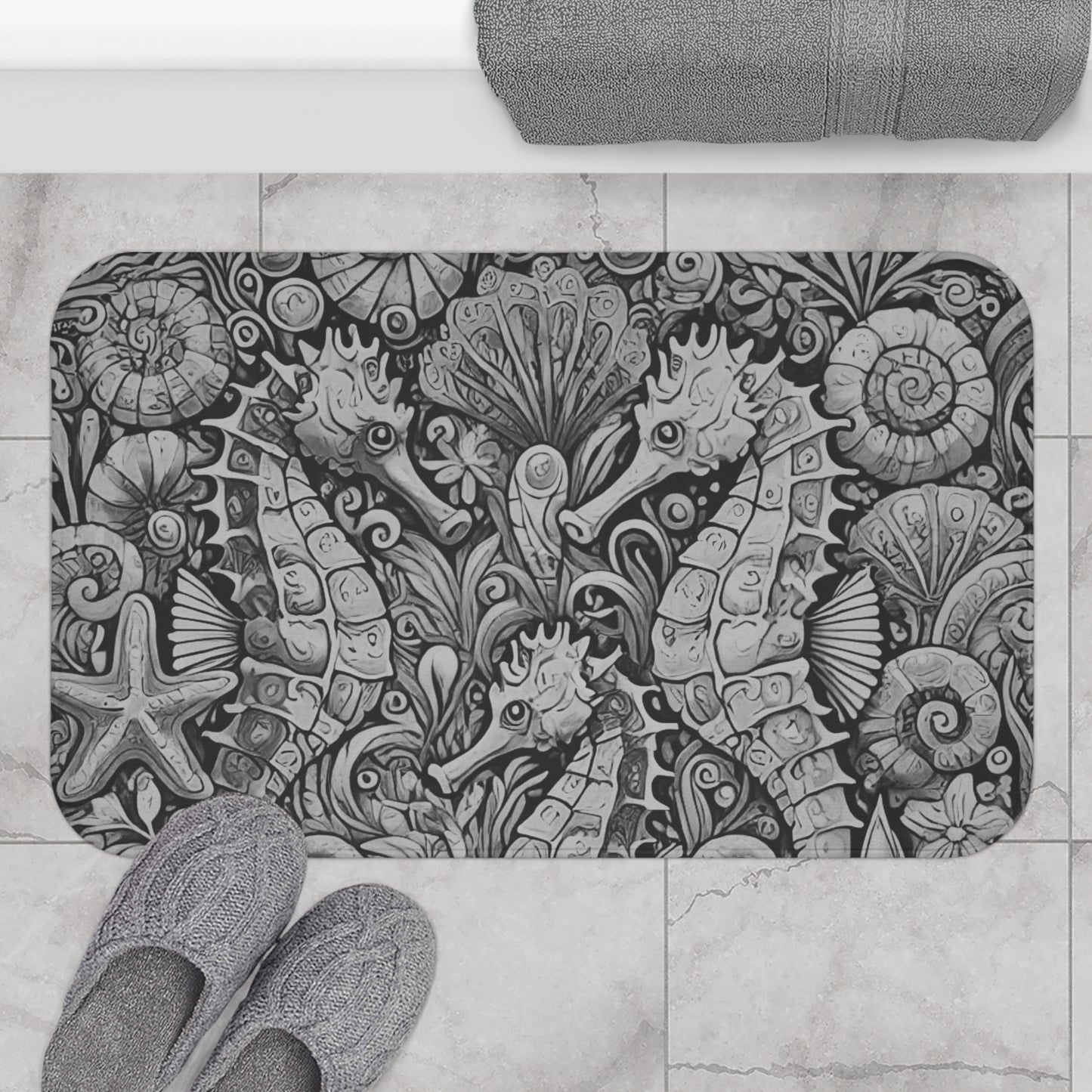 Seahorse Trio/Noir Bath Mat, 2 Sizes - Tropical Vibes for Home Decor