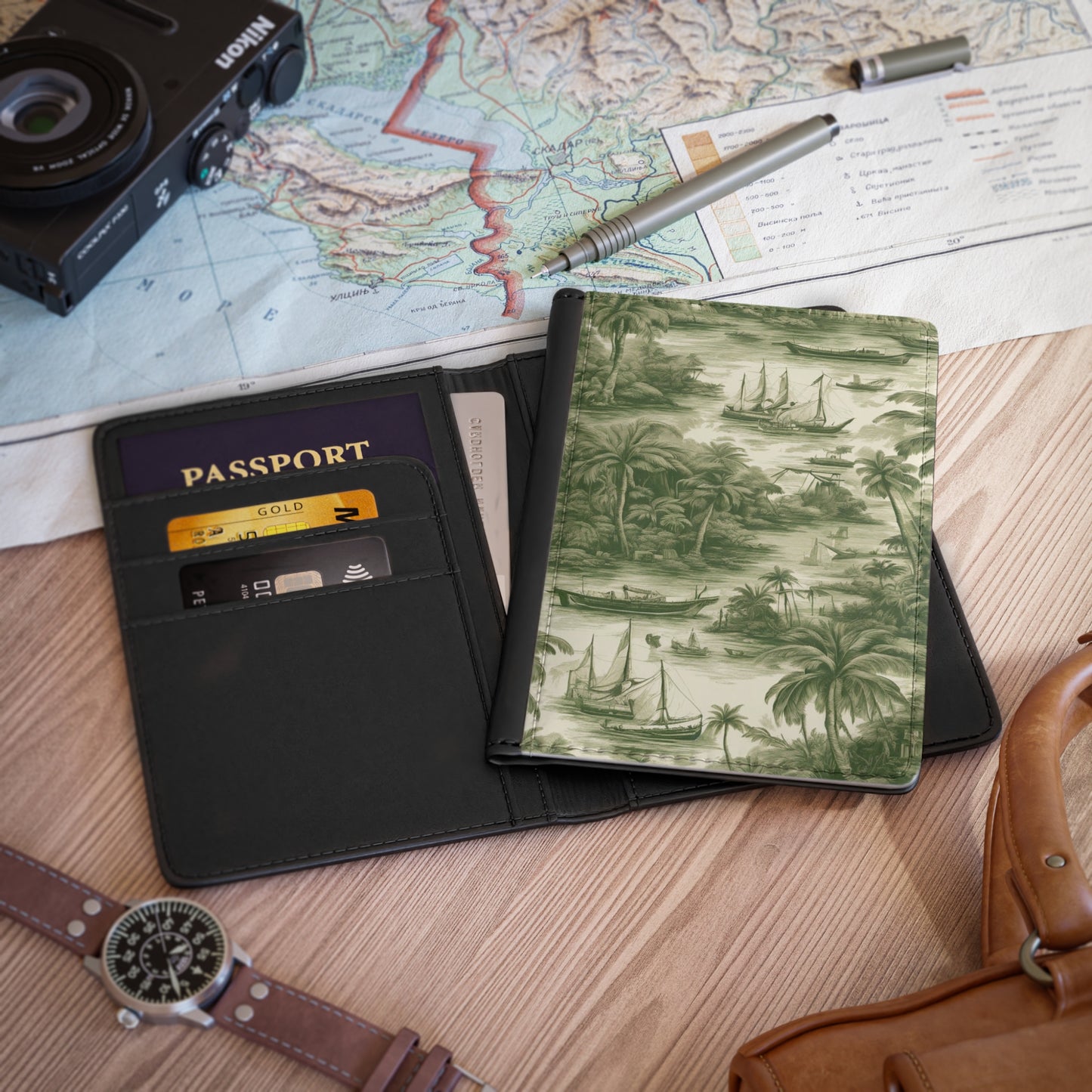 Tropical Passport Cover, Faux Leather - RFID blocking for travel security / Tropical Toile, Green