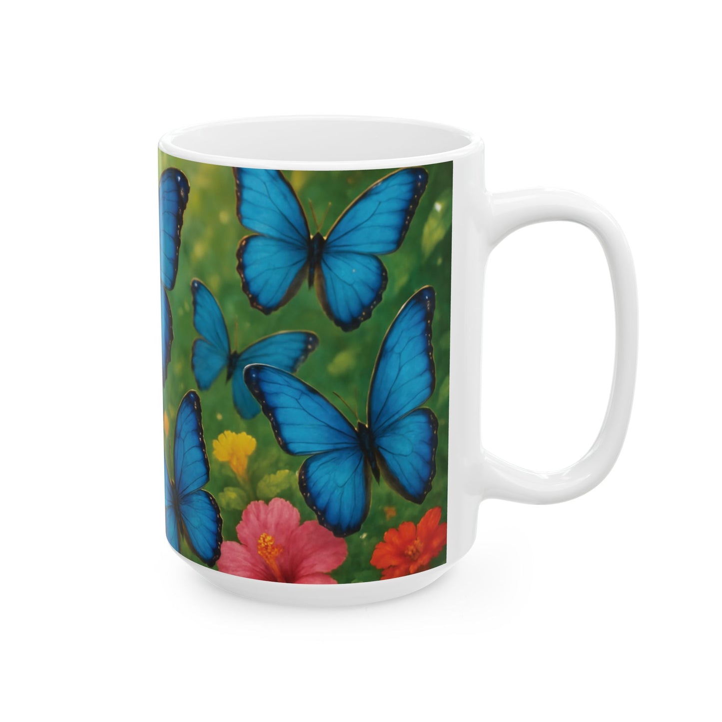 Ceramic White Mug - 11oz & 15oz, Morpho Butterflies Flight
