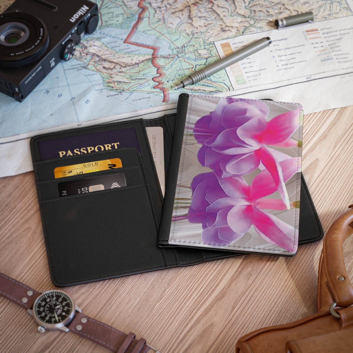 Tropical Passport Cover, Faux Leather - RFID blocking for travel security / Two Pink Fuchsias, Photo