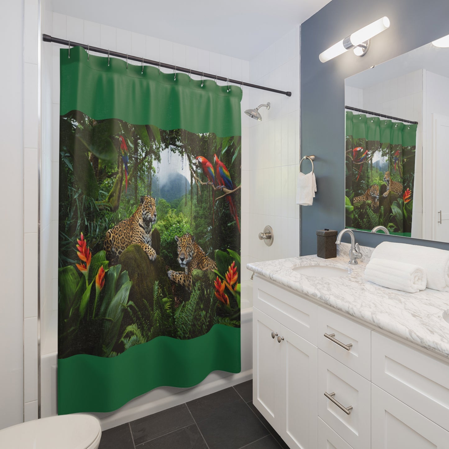 Tropical Shower Curtain - Rainforest Bathroom Decor / Jaguars and Parrots/Dark Green