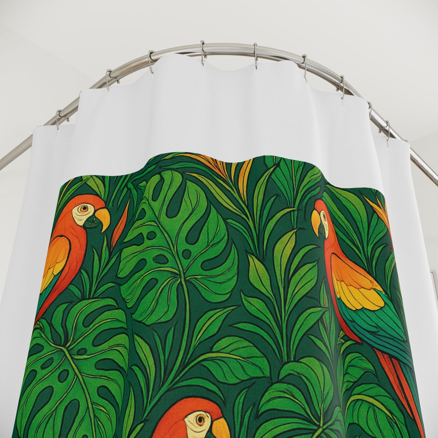 Tropical Shower Curtain - Ocean Bathroom Decor / Parrot Family, White