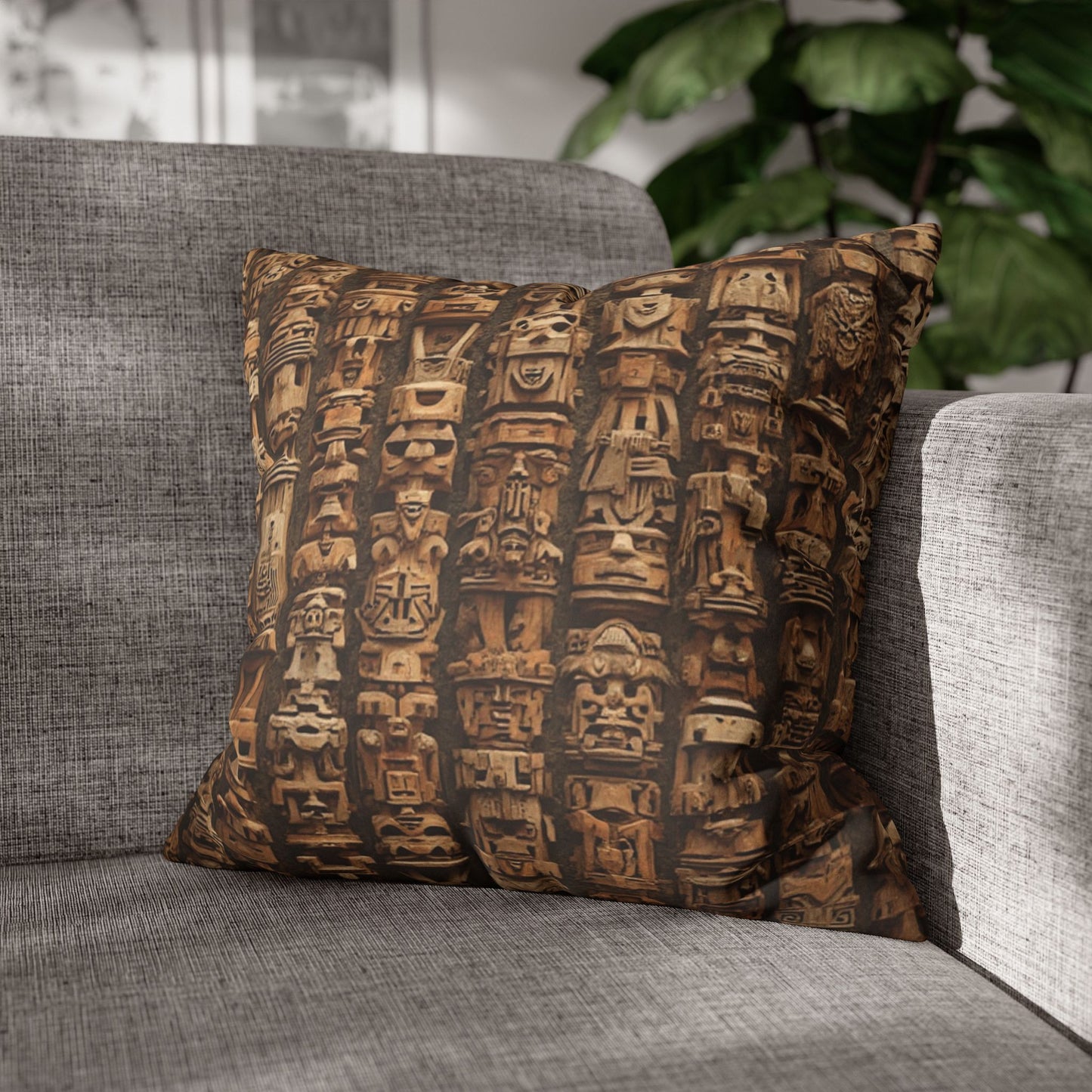 Faux Suede Square Pillowcase - Ancient Tiki Totems