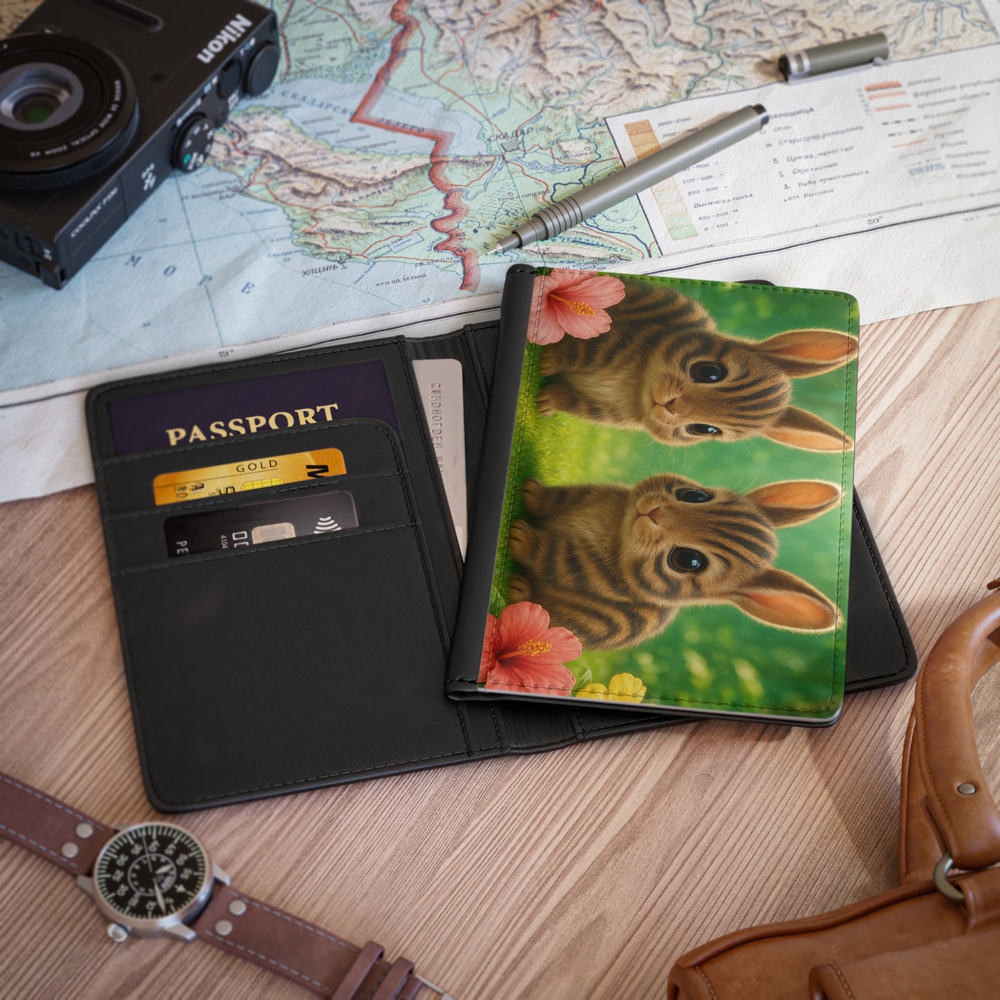 Tropical Passport Cover, Faux Leather - RFID blocking for travel security / Rainforest Sumatran Rabbits