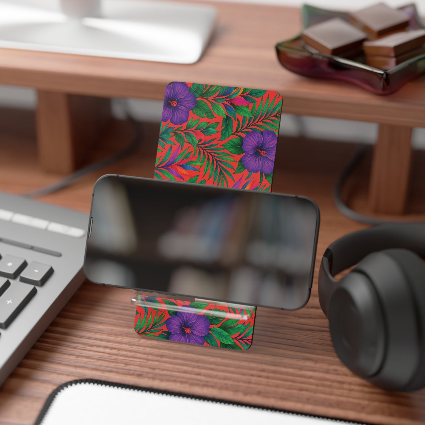 Mobile Display Stand for Smartphones, Midnight Flower Coral