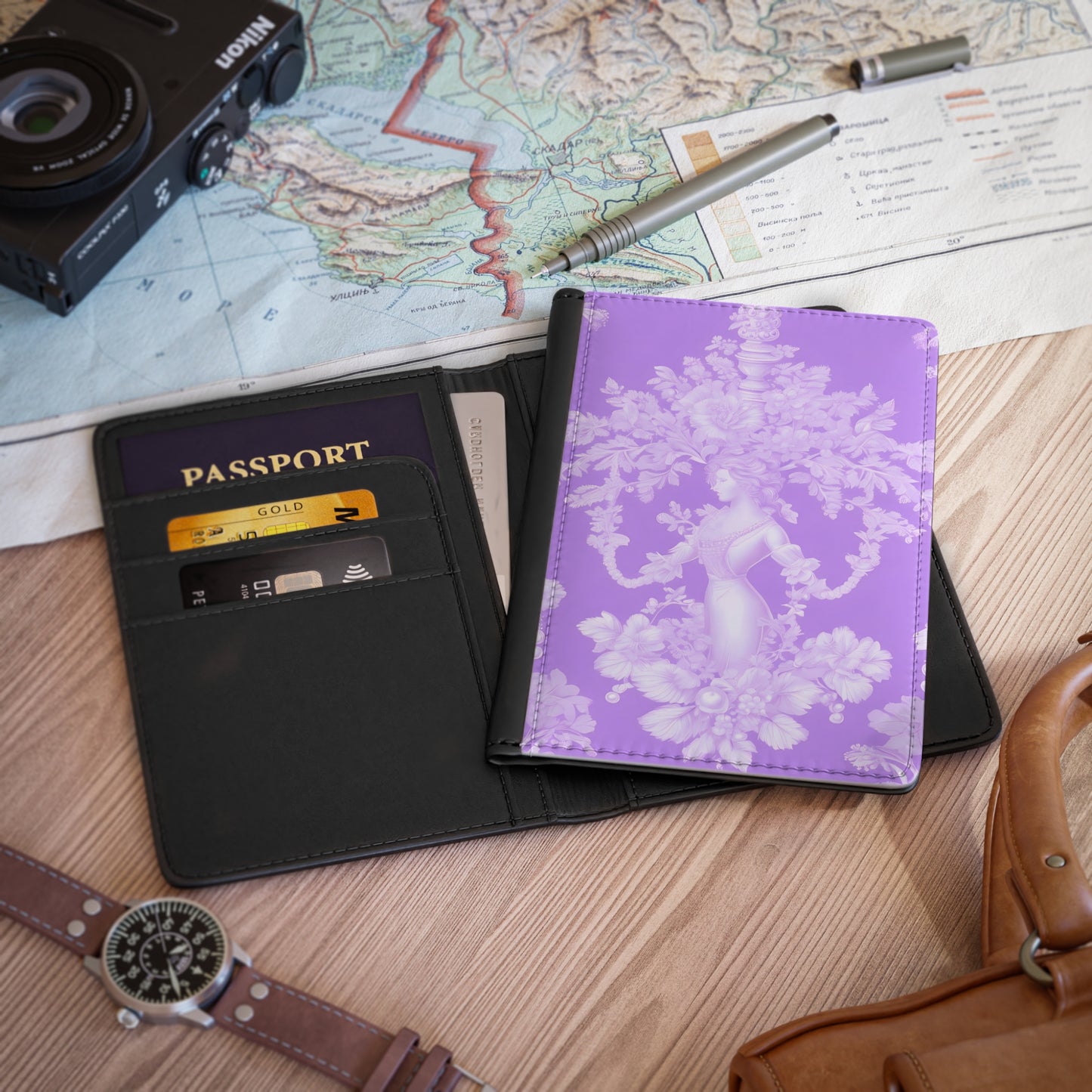 Tropical Passport Cover, Faux Leather - RFID blocking for travel security / Pearl Lady Toile, Amethyst