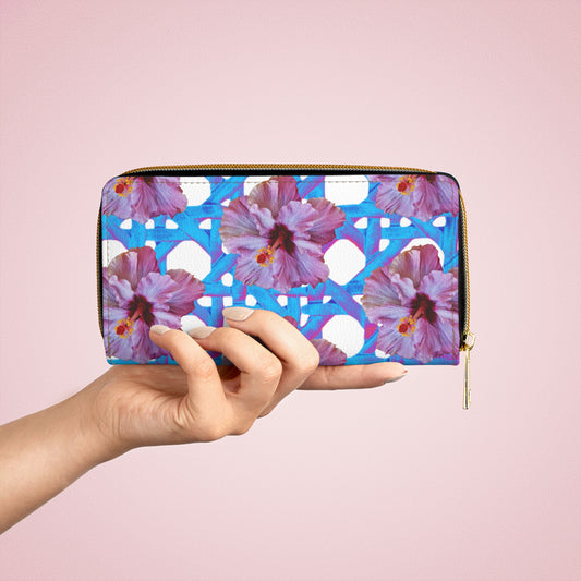 Tropical Zipper Wallet, Faux Leather / Vibrant Clutch / Purple Hibiscus and Wicker Turquoise Pop