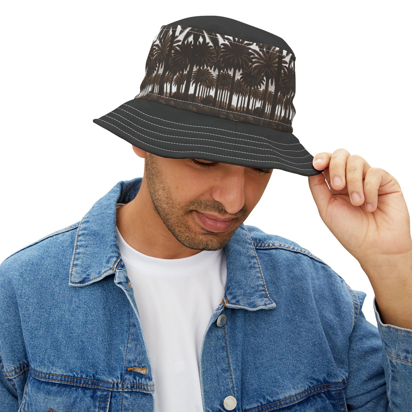 Tropical Polyester Bucket Hat, 2 Sizes - Woodcut Palms/Black
