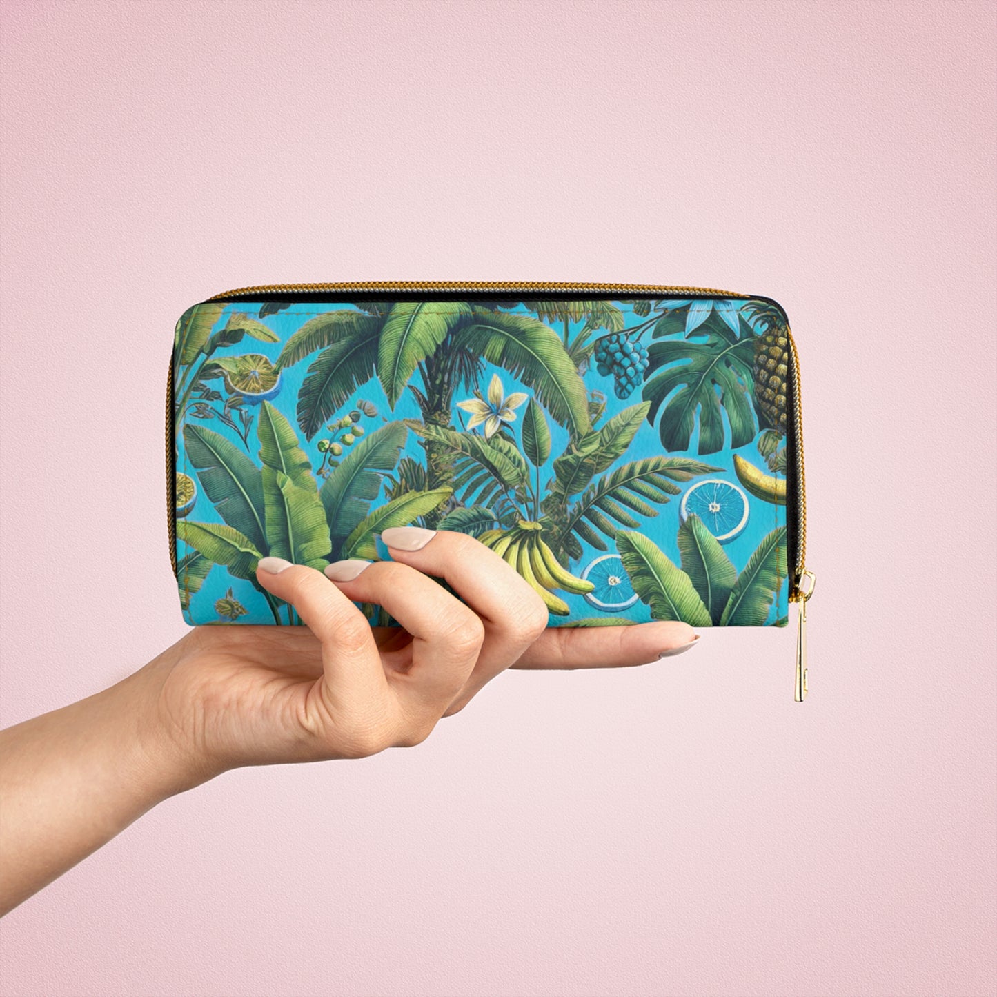 Tropical Zipper Wallet, Faux Leather / Vibrant Clutch / More Tropical Fruit, Aqua Blue