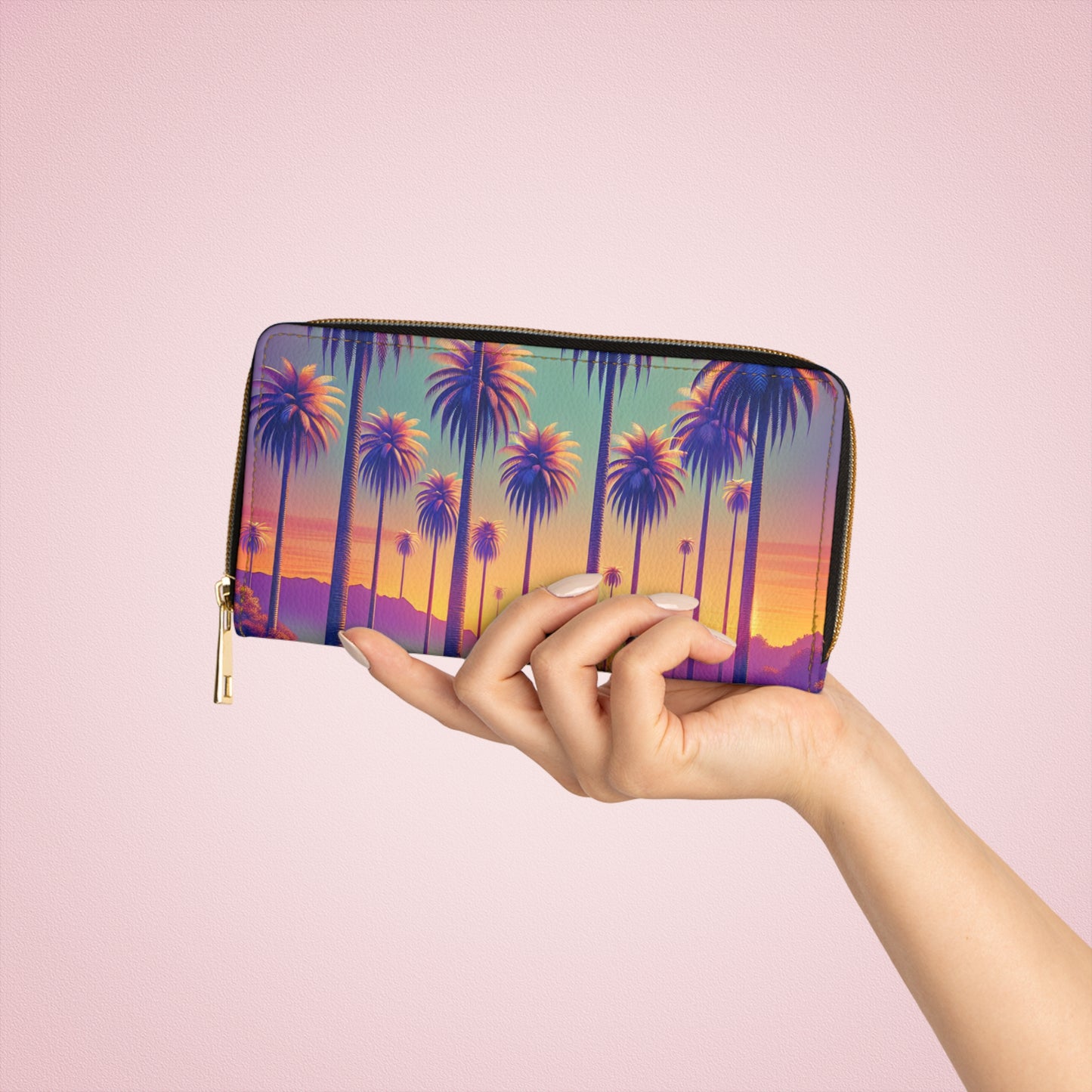 Tropical Zipper Wallet, Faux Leather / Vibrant Clutch / Sunset Palms