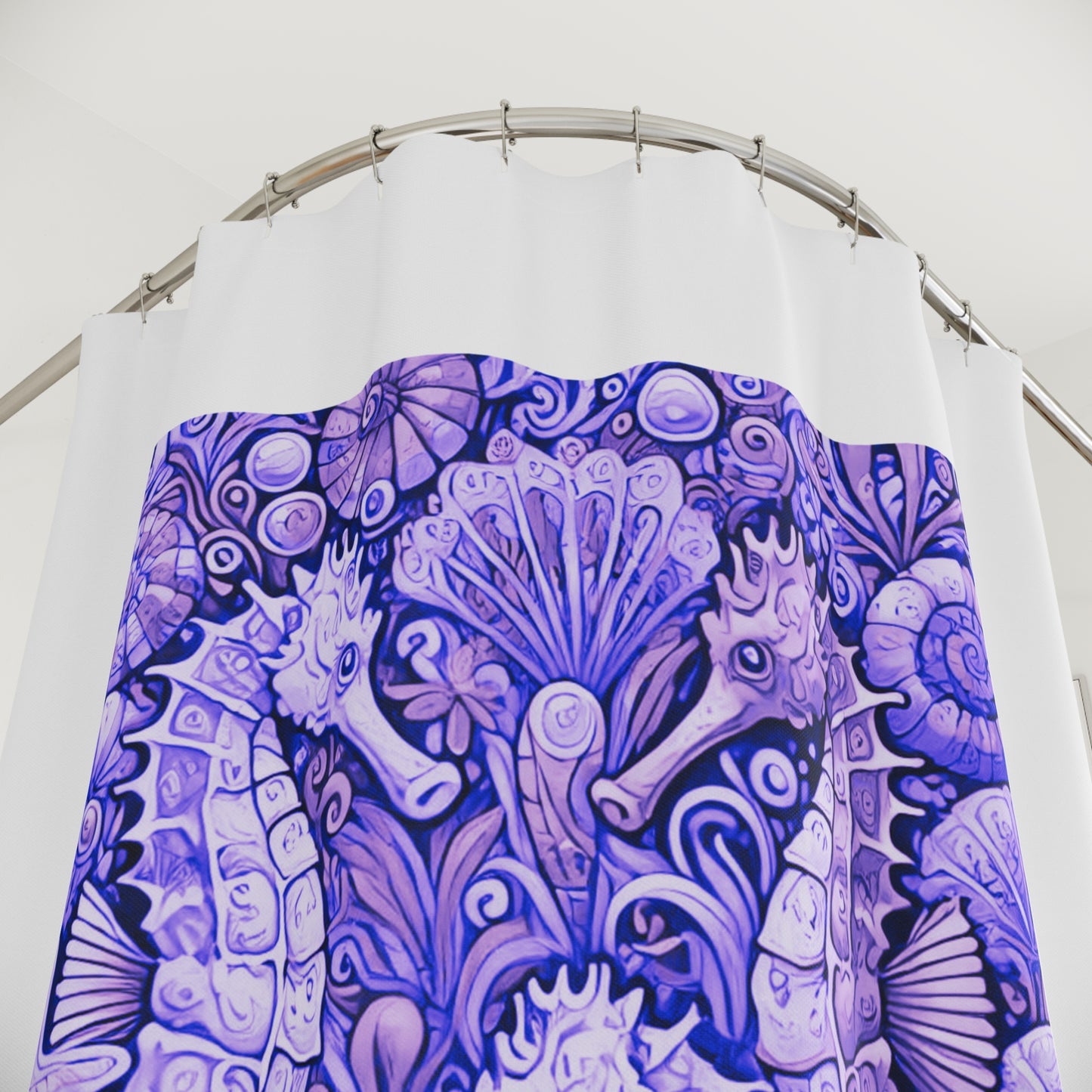 Tropical Shower Curtain - Ocean Bathroom Decor / Seahorse Trio Amethyst/White