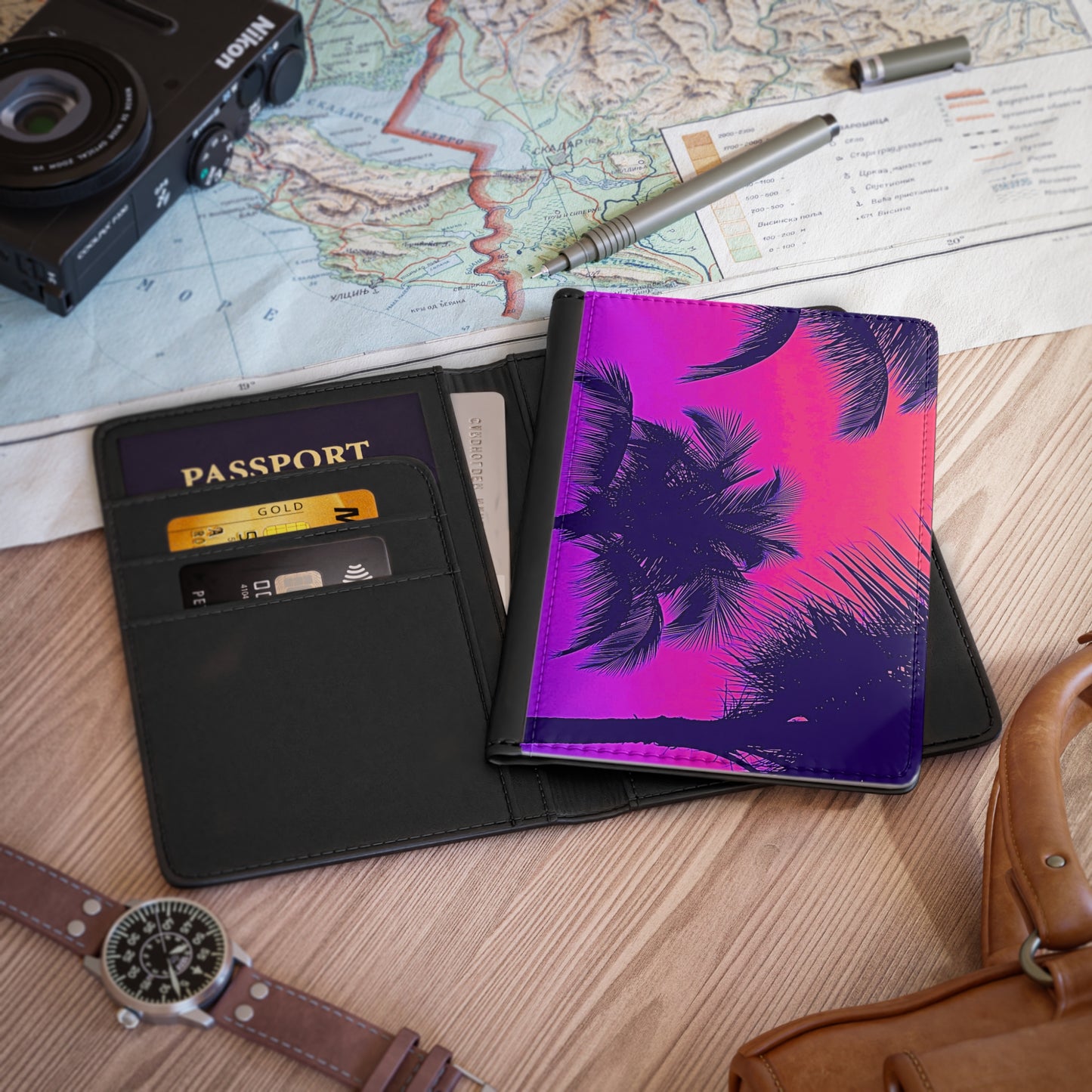 Tropical Passport Cover, Faux Leather - RFID blocking for travel security / Palm Glow Pop