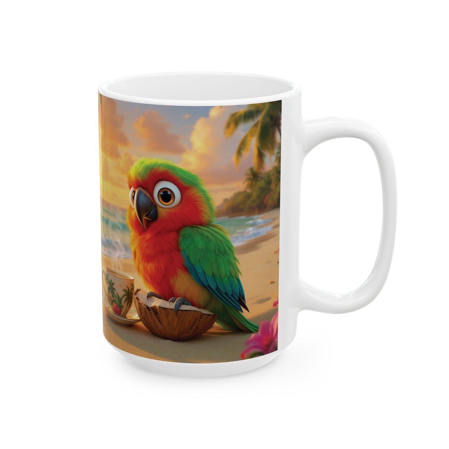 Ceramic White Mug - Tiki the Parrot on the Beach