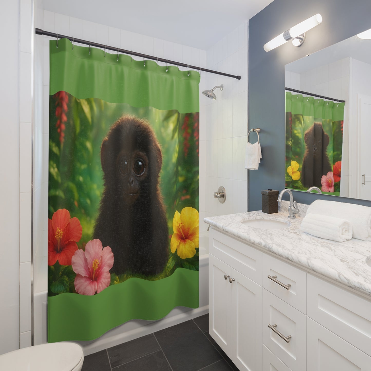 Tropical Shower Curtain - Rainforest Bathroom Decor / Baby Howler Monkey/Green