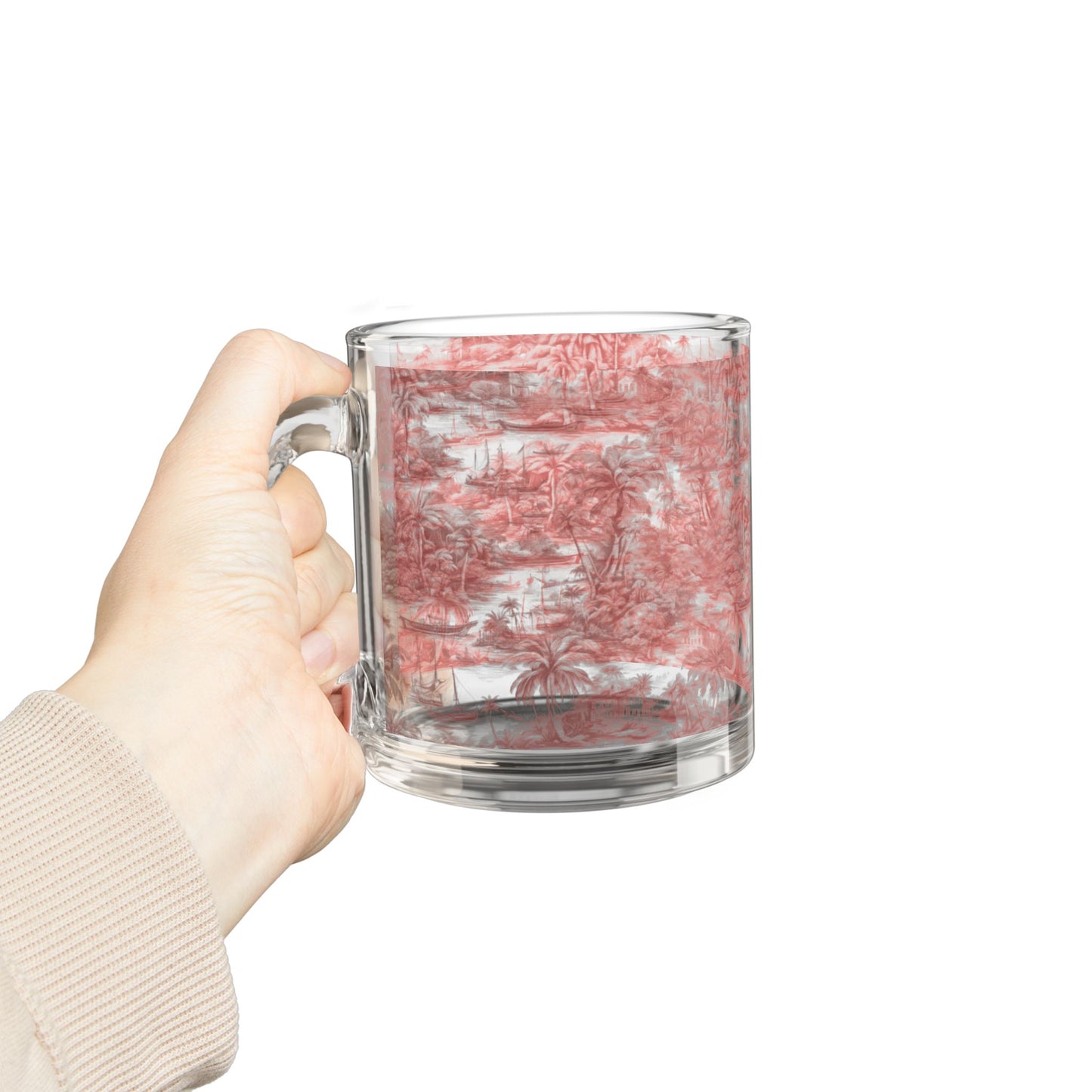 Tropical Glass Mug - 10oz Coffee Cup / Tropical Toile, Russet