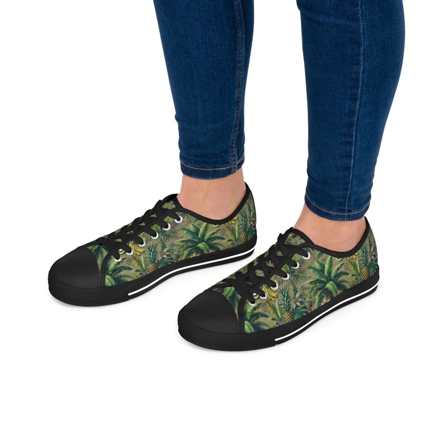 Stylish Women's Low Top Sneakers - Trendy Tropical Casual Footwear for Everyday Wear / Palms and Tropical Fruit/Taupe