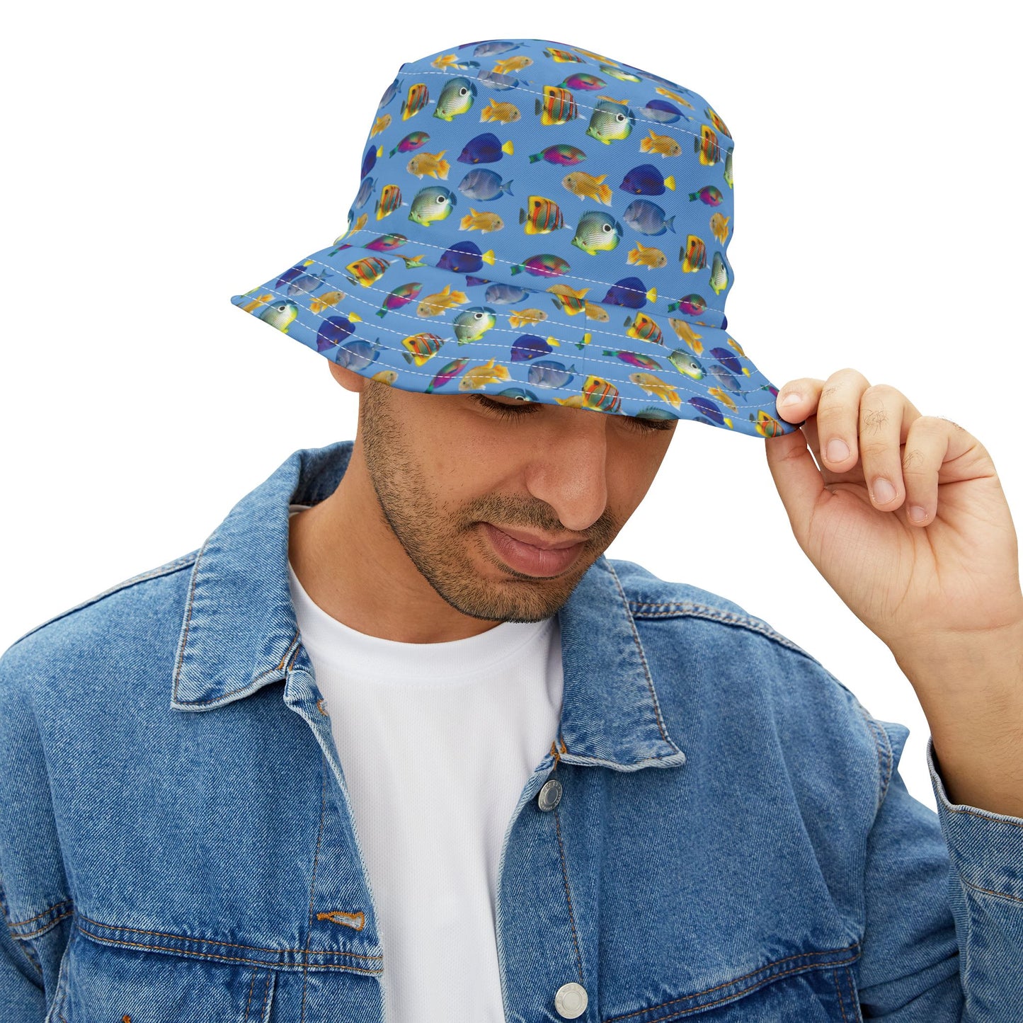 Tropical Polyester Bucket Hat, 2 Sizes - School of Fish / Light Blue