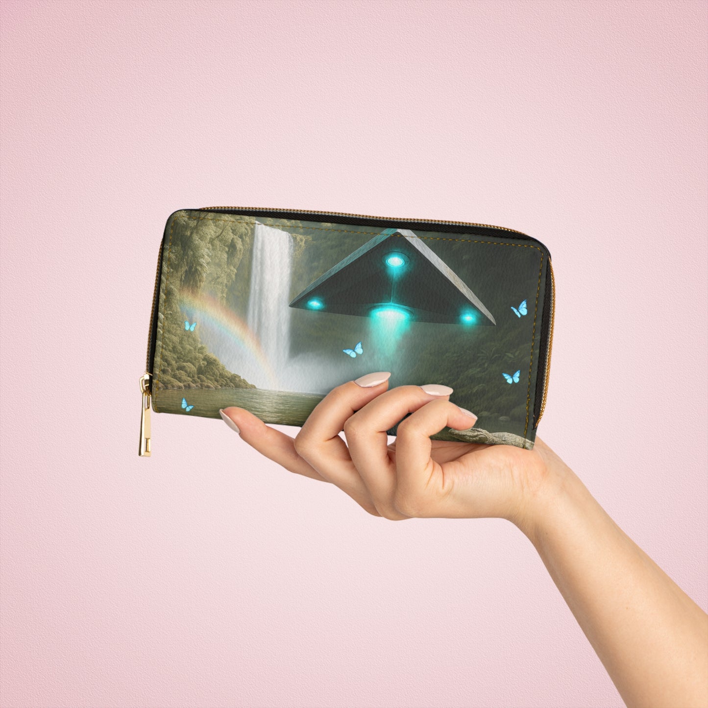 Tropical Zipper Wallet, Faux Leather / Vibrant Clutch / UFO and Macaws