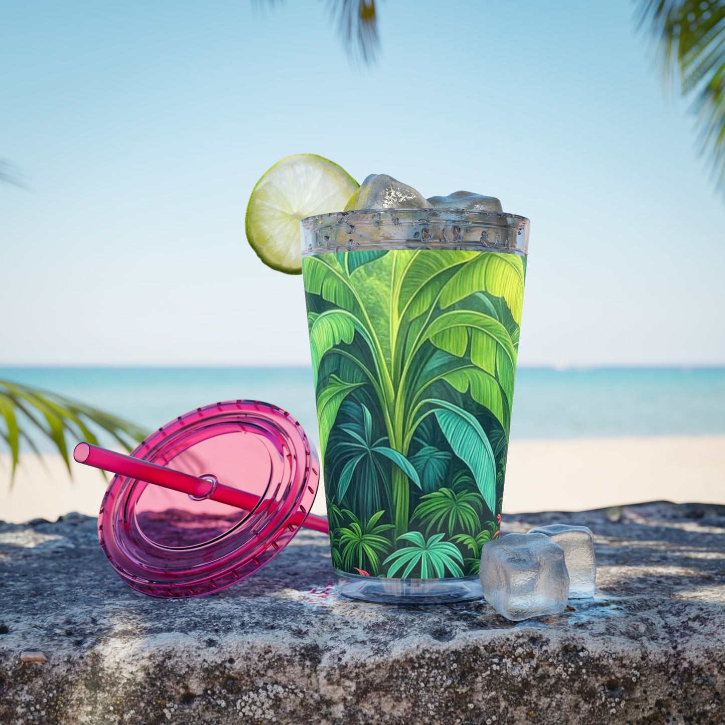 Tropical Tumbler with Straw | 16oz Colorful Travel Cup / Sleeping Spot