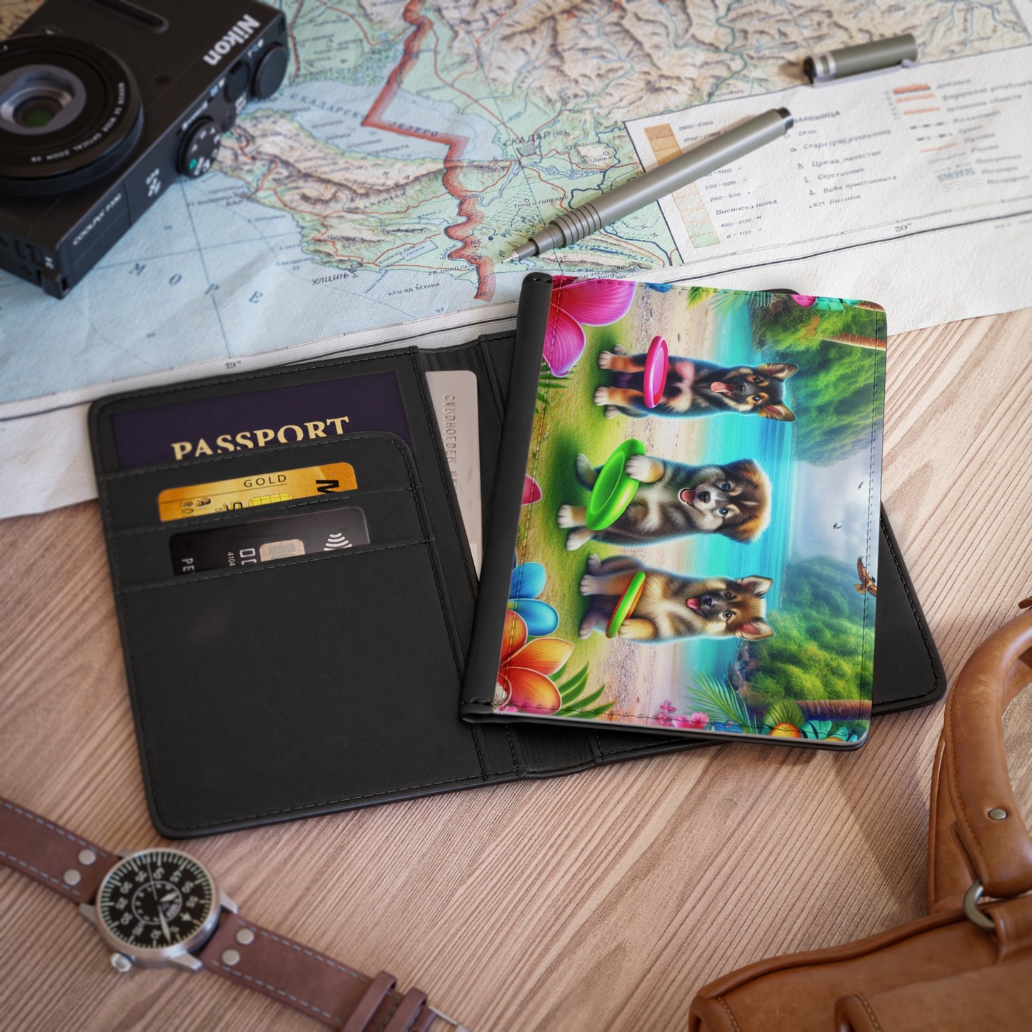 Tropical Passport Cover, Faux Leather - RFID blocking for travel security / Three Dogs Playing Frisbee on Beach
