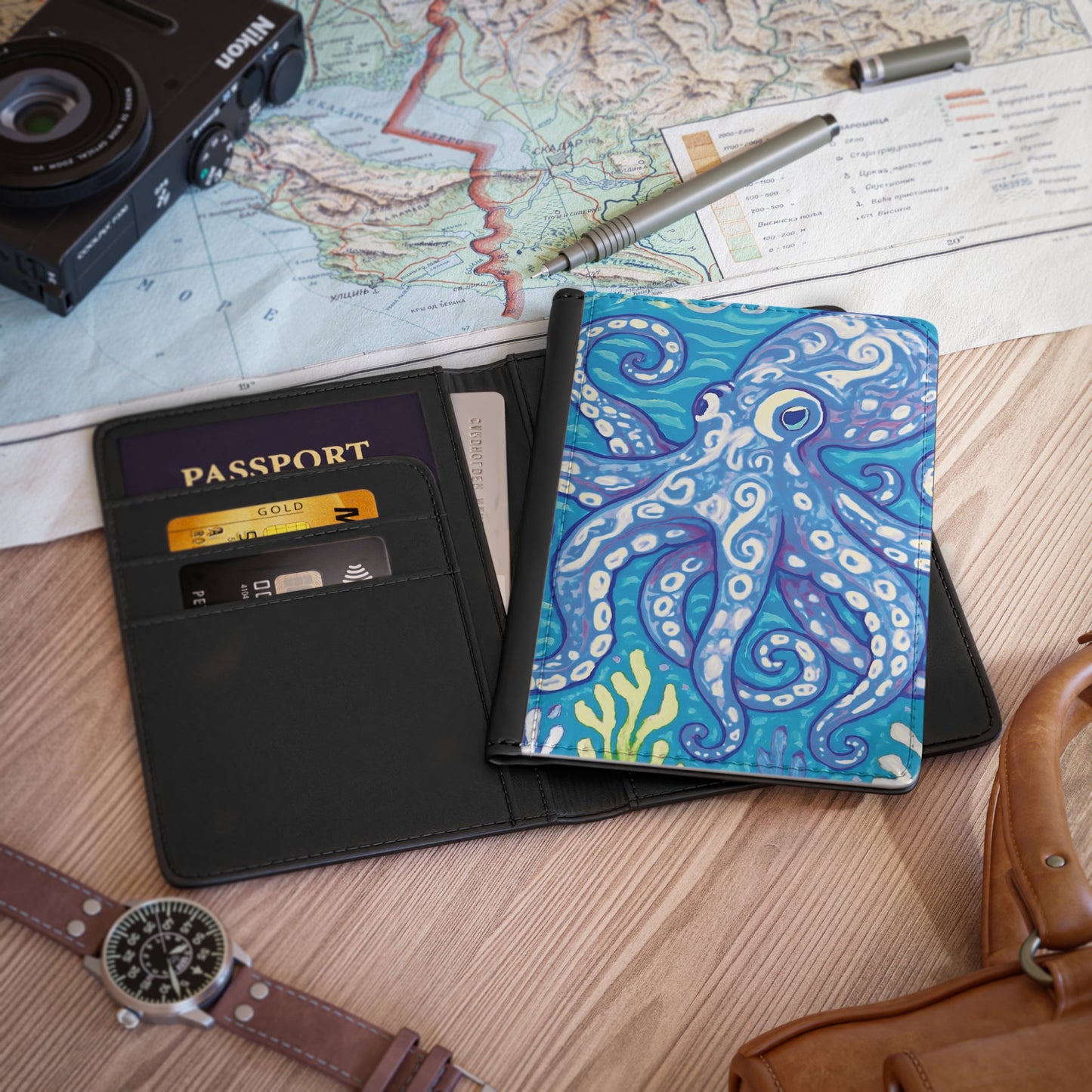 Tropical Passport Cover, Faux Leather - RFID blocking for travel security / Octopus Kraken Joe, Blue