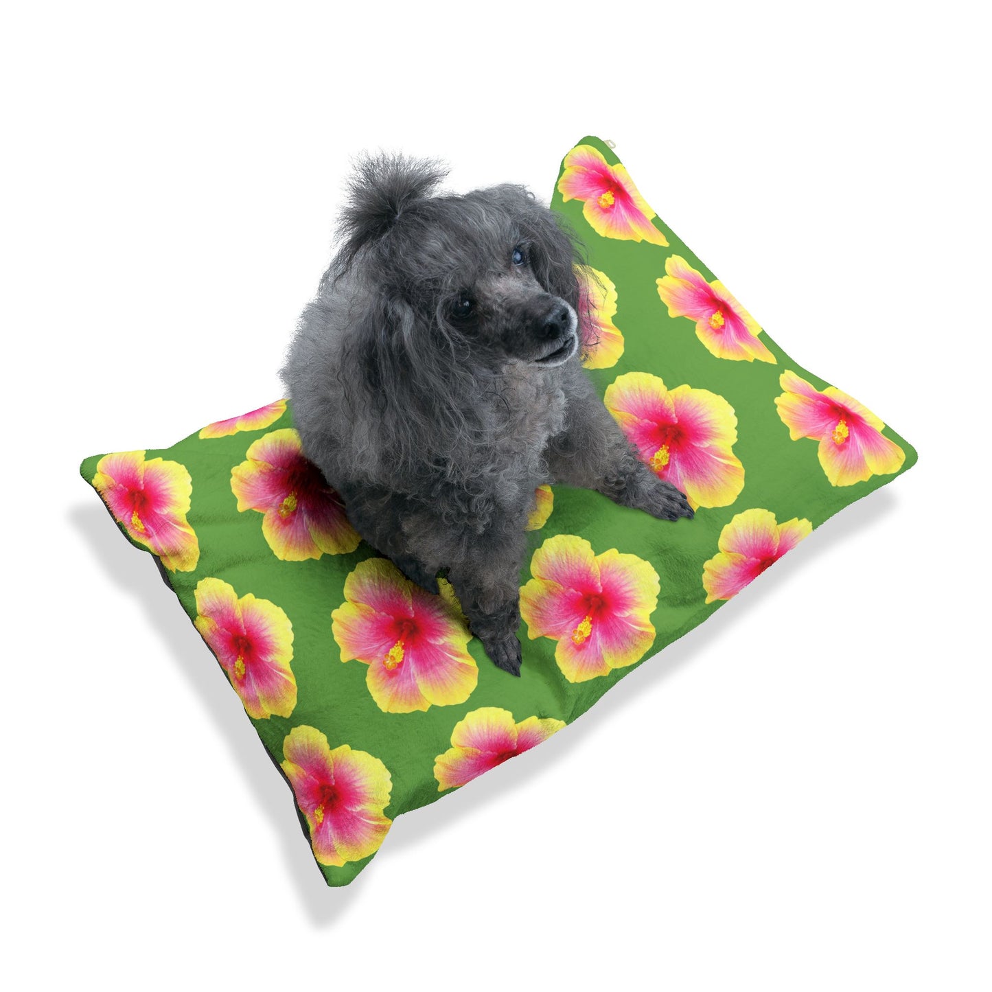 Pet Bed - Cozy and Fun Dog or Cat Bed for Beach Lovers / Real Yellow & Pink Hibiscus/Lt. Green