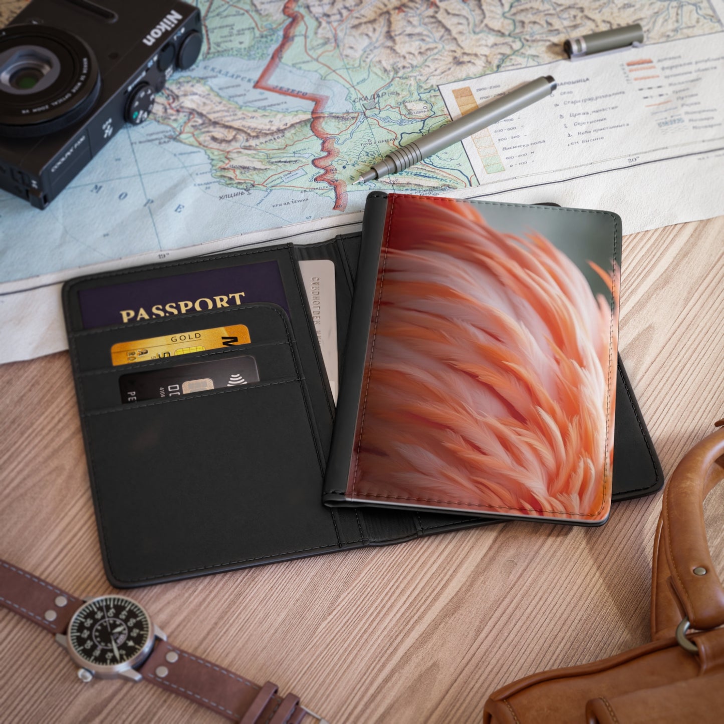 Tropical Passport Cover, Faux Leather - RFID blocking for travel security / Flamingo Feathers