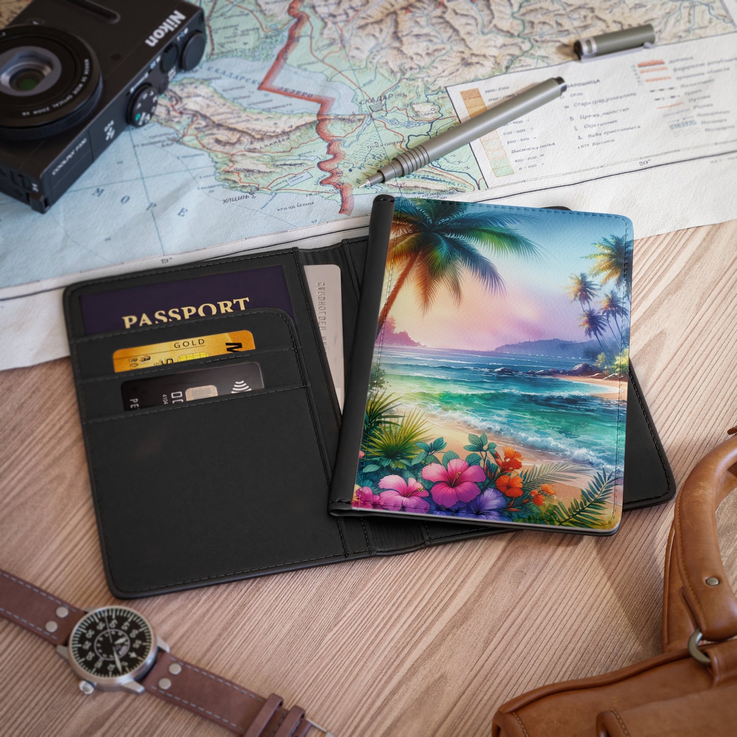 Tropical Passport Cover, Faux Leather - RFID blocking for travel security / Bay of Peace