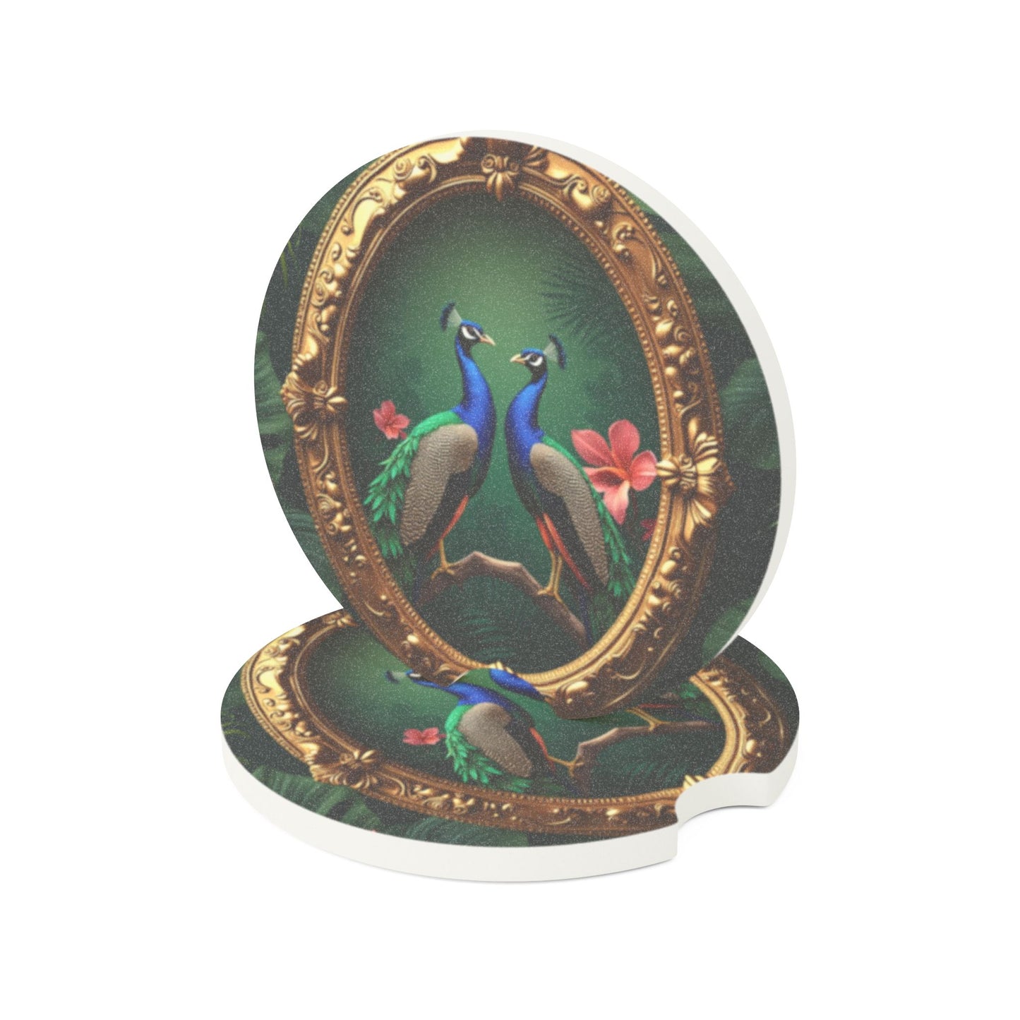 Soapstone Car Coaster - Framed Two Peacocks