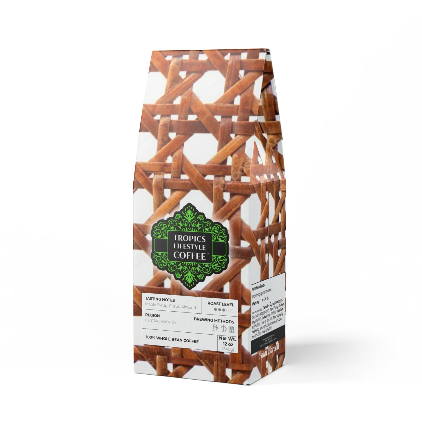 Palm Harvest Blend™ (Medium Roast) Specialty Grade Craft Coffee / Chair Wicker, Brown