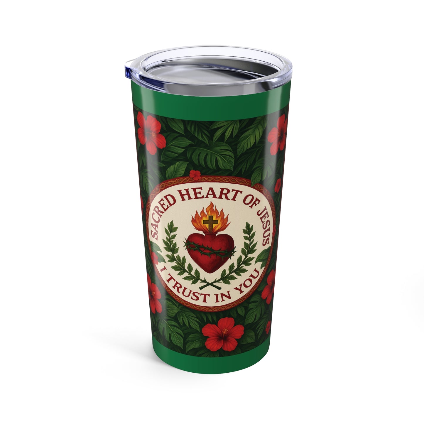 Religious 20oz Tropical Glossy Tumbler - Sacred Heart of Jesus Prayer, Dark Green