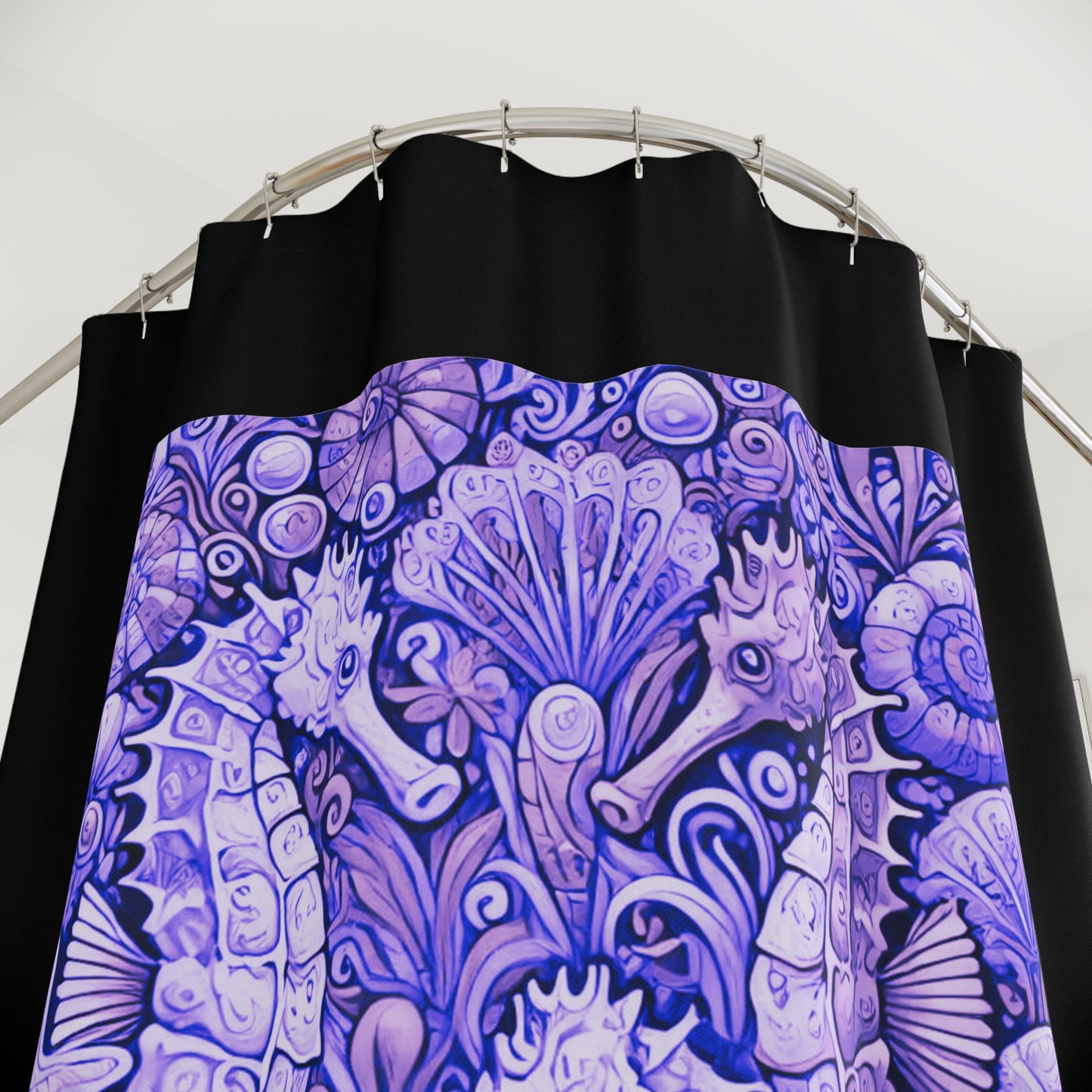 Tropical Shower Curtain - Ocean Bathroom Decor / Seahorse Trio Amethyst/Black