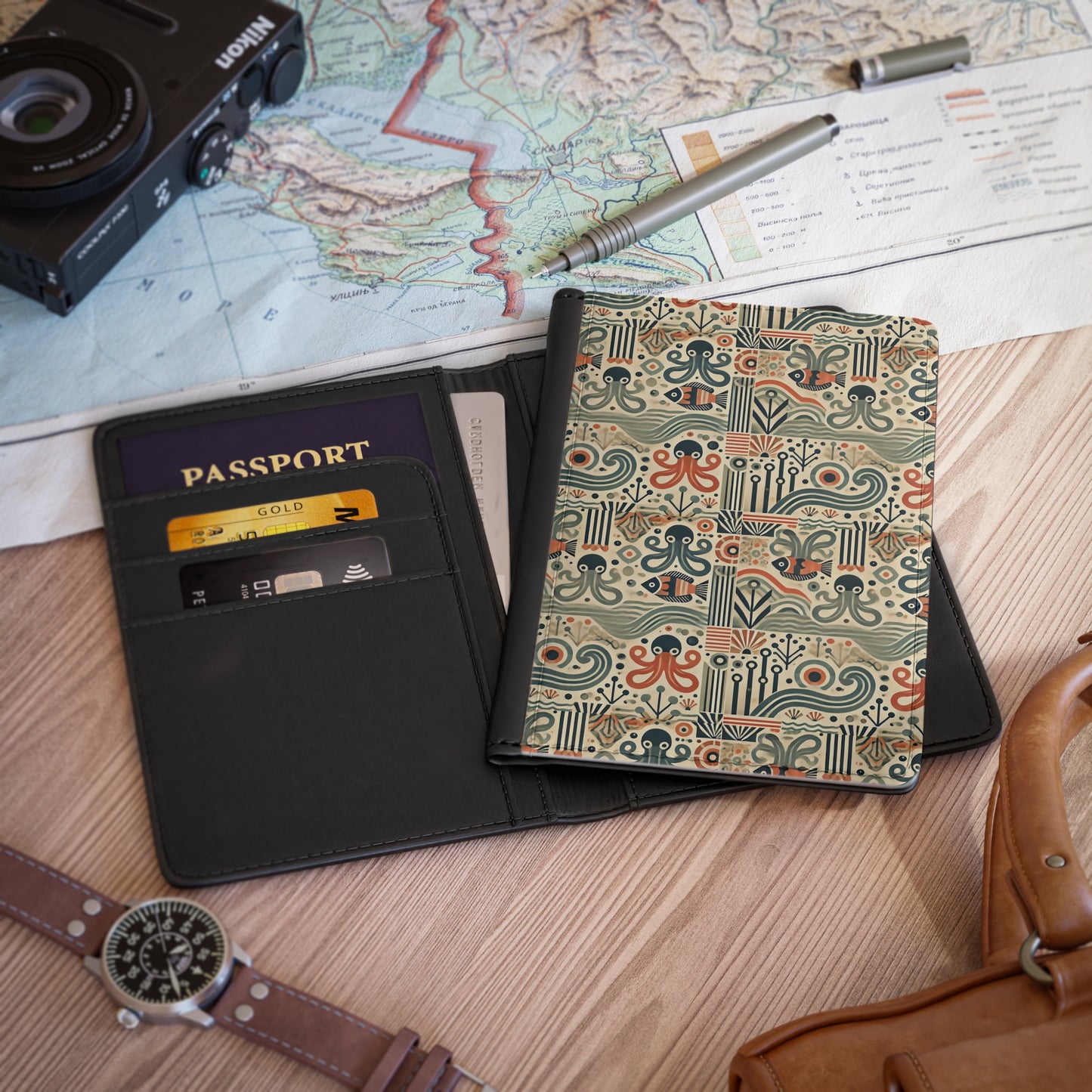 Tropical Passport Cover, Faux Leather - RFID blocking for travel security / Mid-Century Octopus