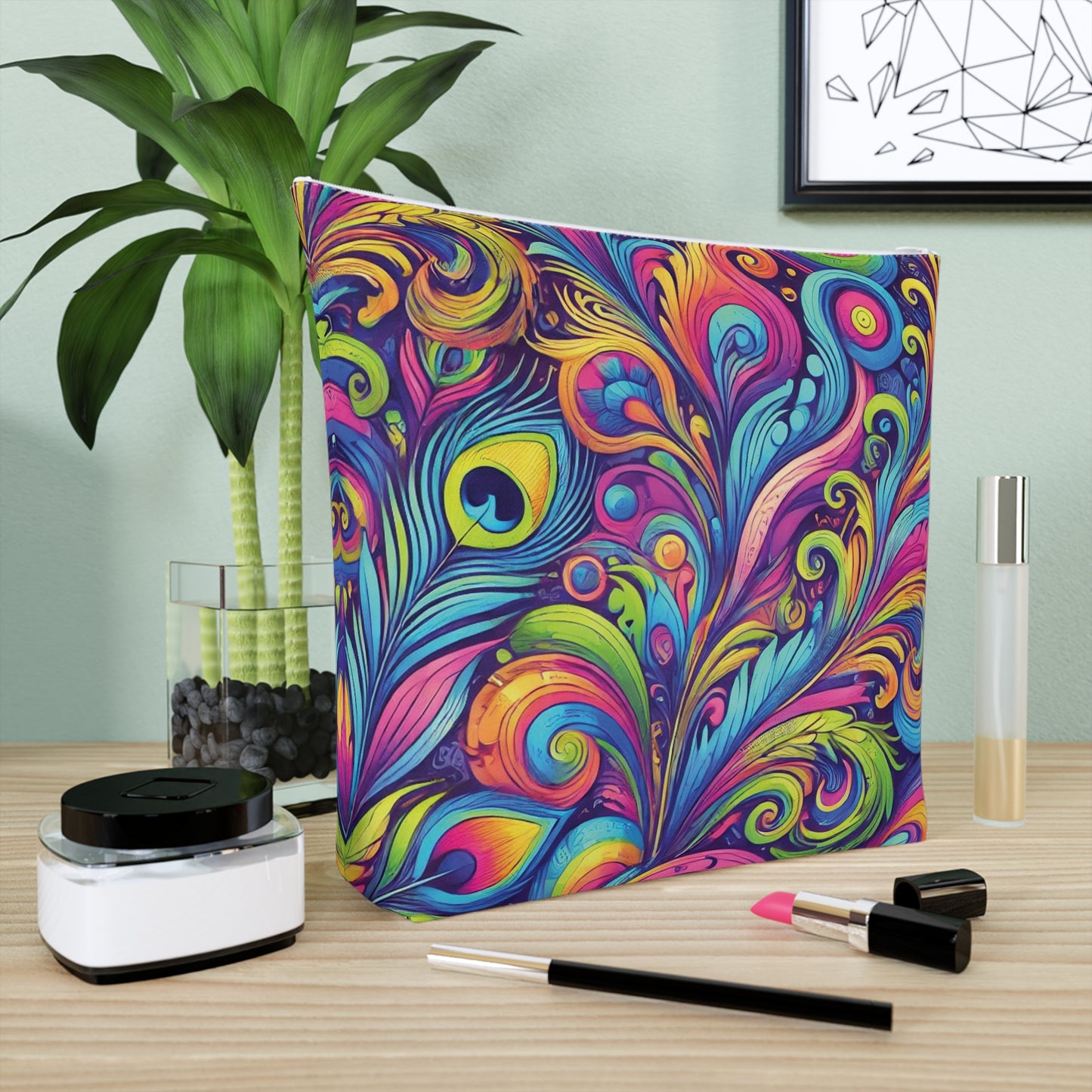 Tropical Cotton Cosmetic Bag, Makeup Pouch, 5 Sizes / Feather Currents