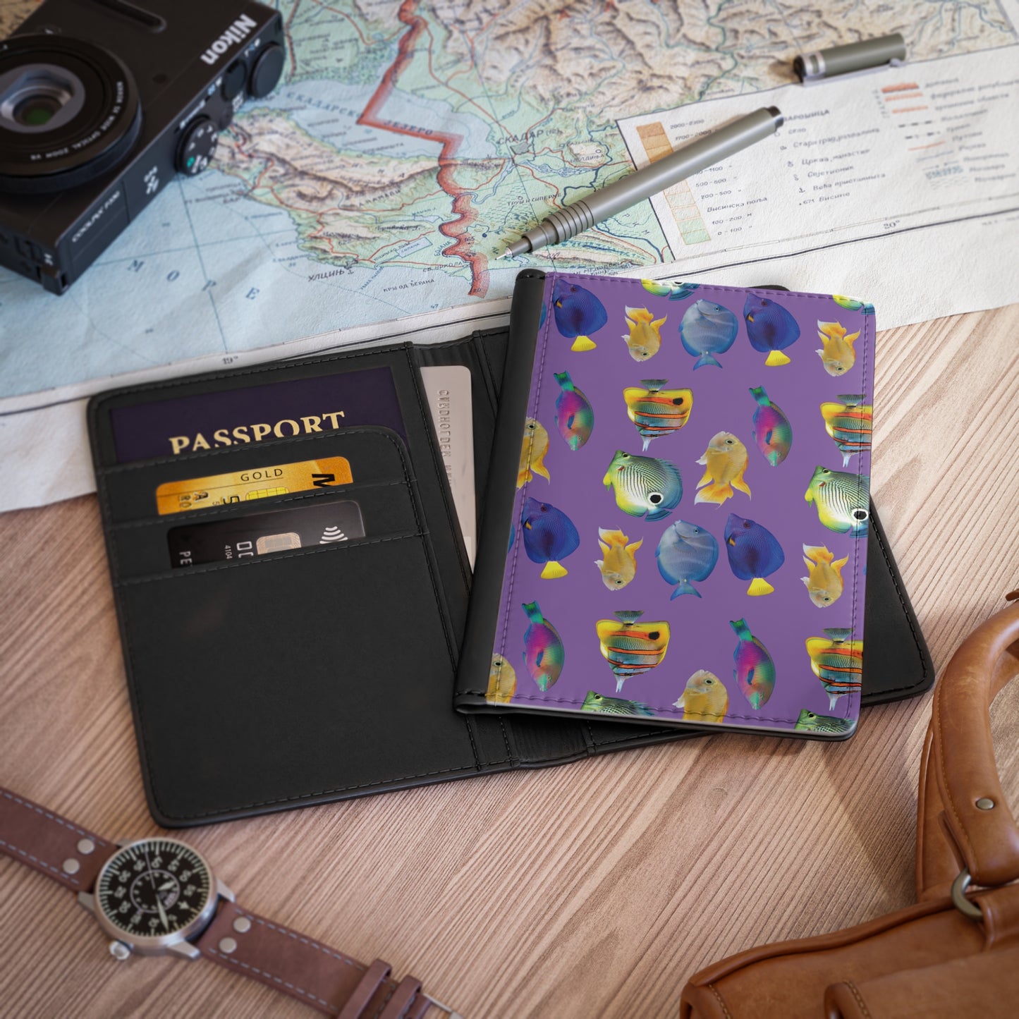 Tropical Passport Cover, Faux Leather - RFID blocking for travel security / School of Fish, Lt. Purple