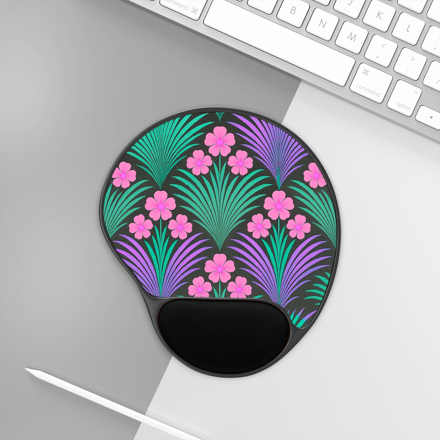 Midnight Hibiscus Deco/Pink Mouse Pad with Wrist Rest – Ergonomic Tropical Design for Comfort and Style