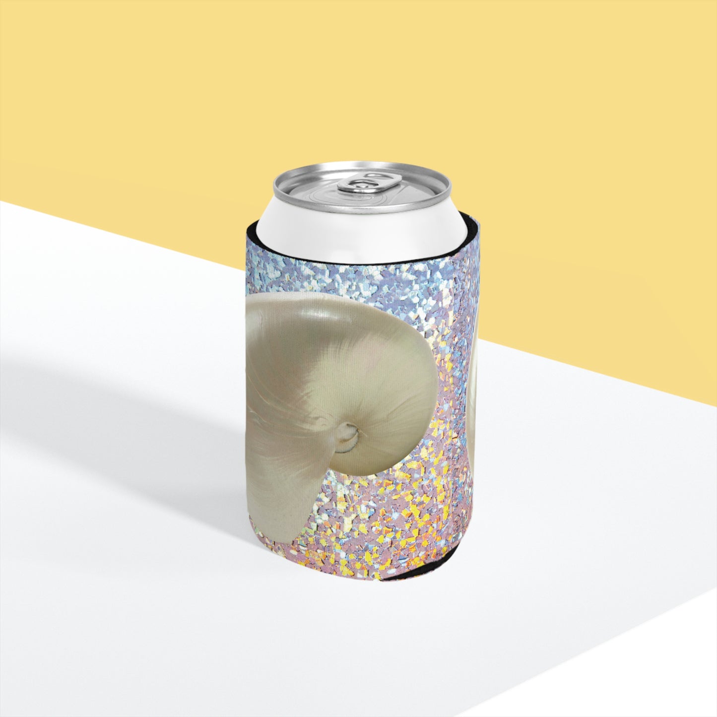Disco White Nautilus Shell Can Cooler Sleeve - Perfect for Outdoor Picnics