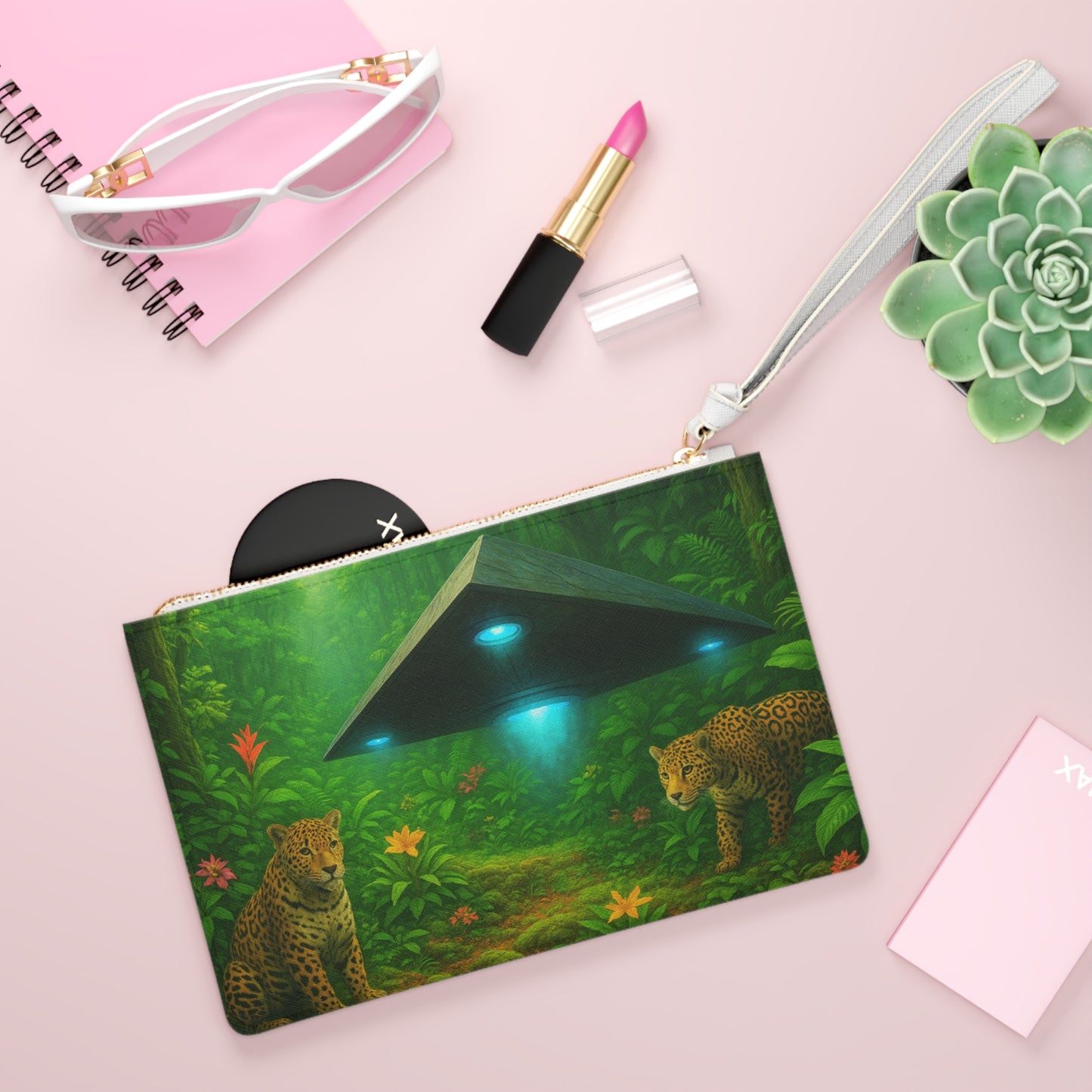 Tropical Faux Leather Clutch Bag - Perfect for Beach Adventures & Summer Vacations / UFO and Jaguars