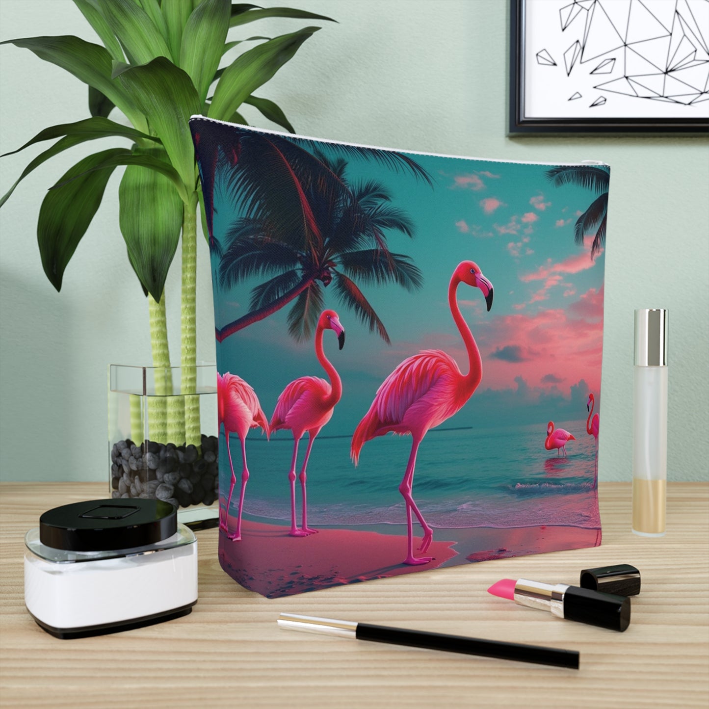 Tropical Cotton Cosmetic Bag, Makeup Pouch, 5 Sizes / Neon Flamingos at Night