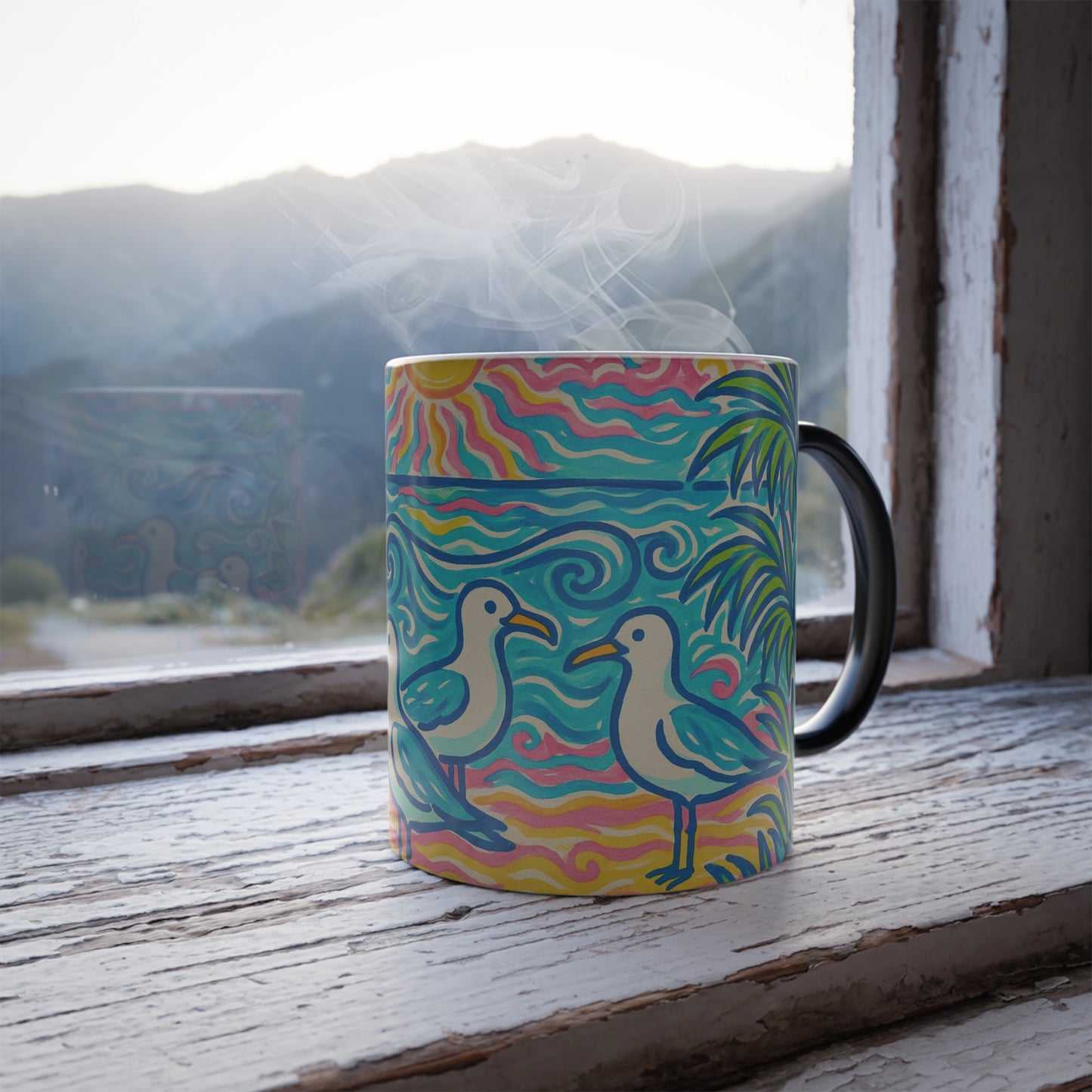 Color Morphing Mug, 11oz, Tropical Beach Seagulls