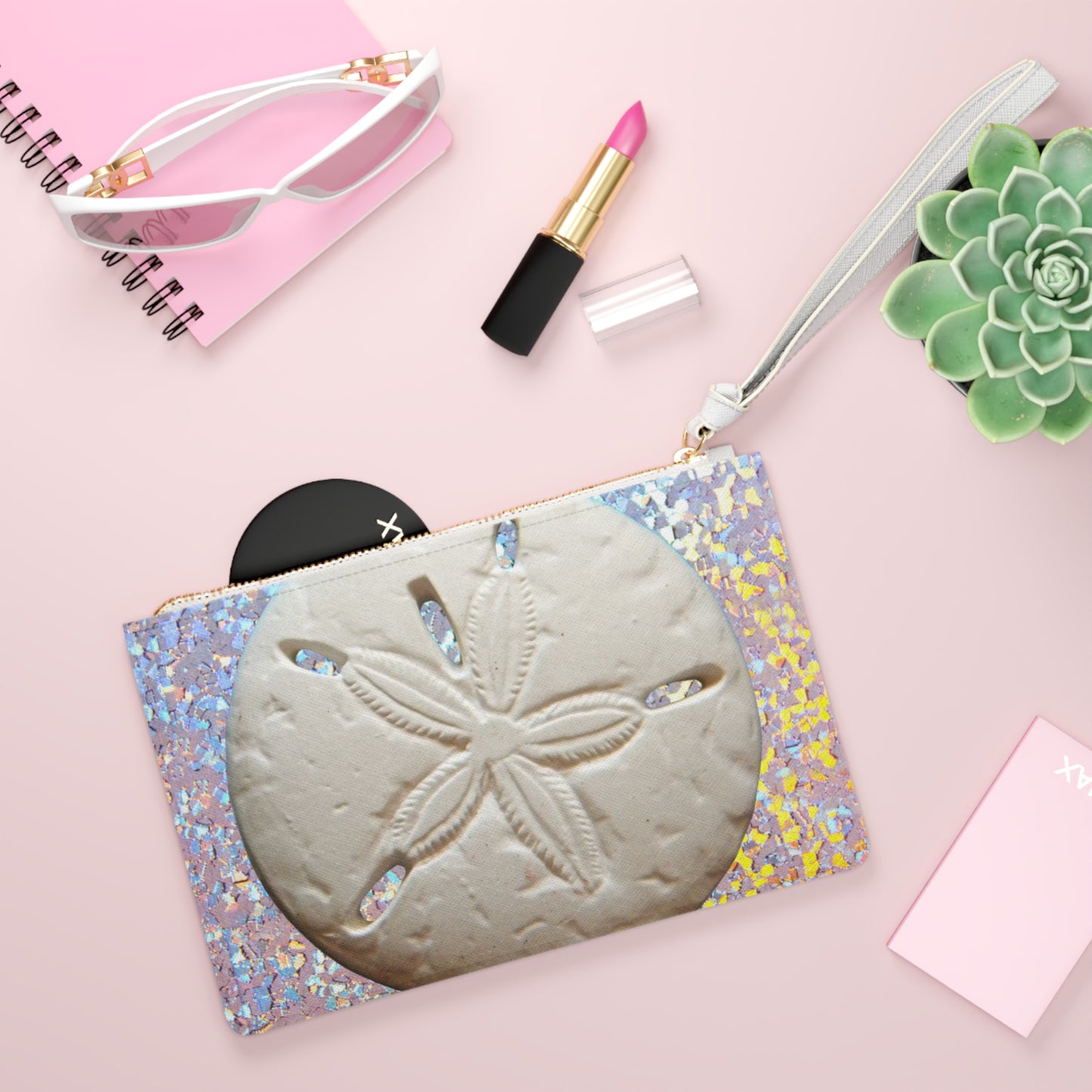 Tropical Faux Leather Clutch Bag - Perfect for Beach Adventures & Summer Vacations / Disco White Sand Dollar