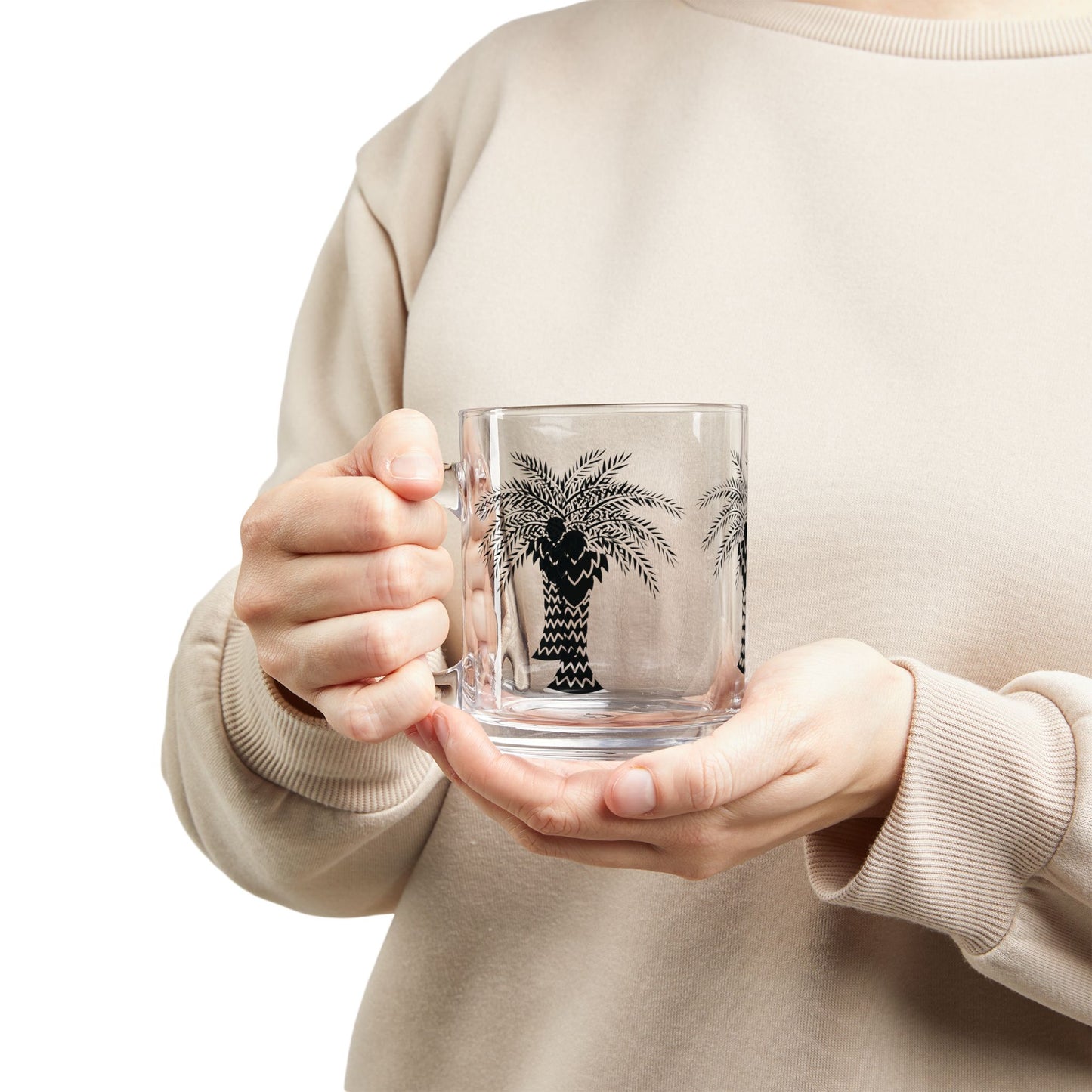 Tropical Glass Mug - 10oz Coffee Cup / Deco Black Palm