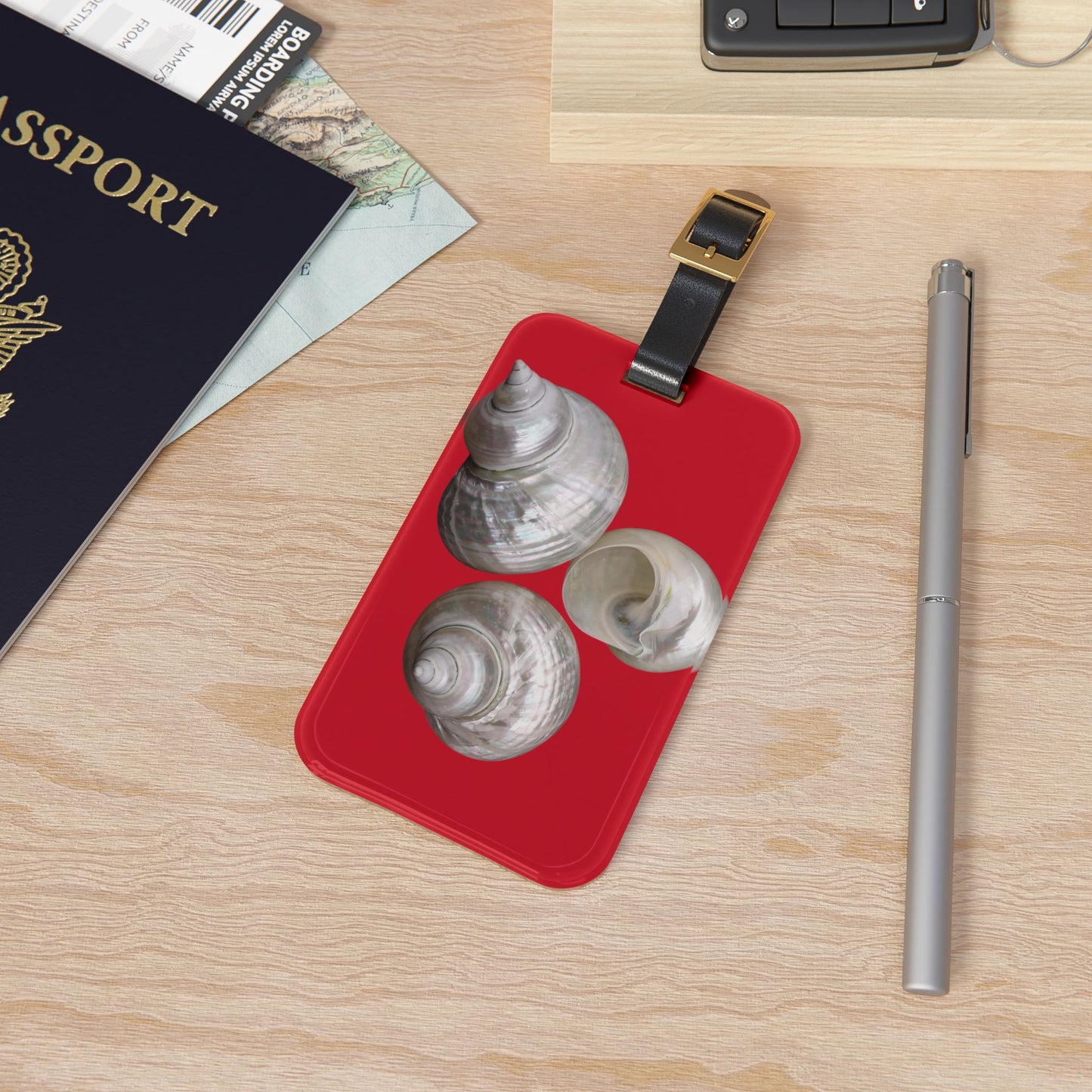 Luggage Tag - White Nautilus Trio, dark red