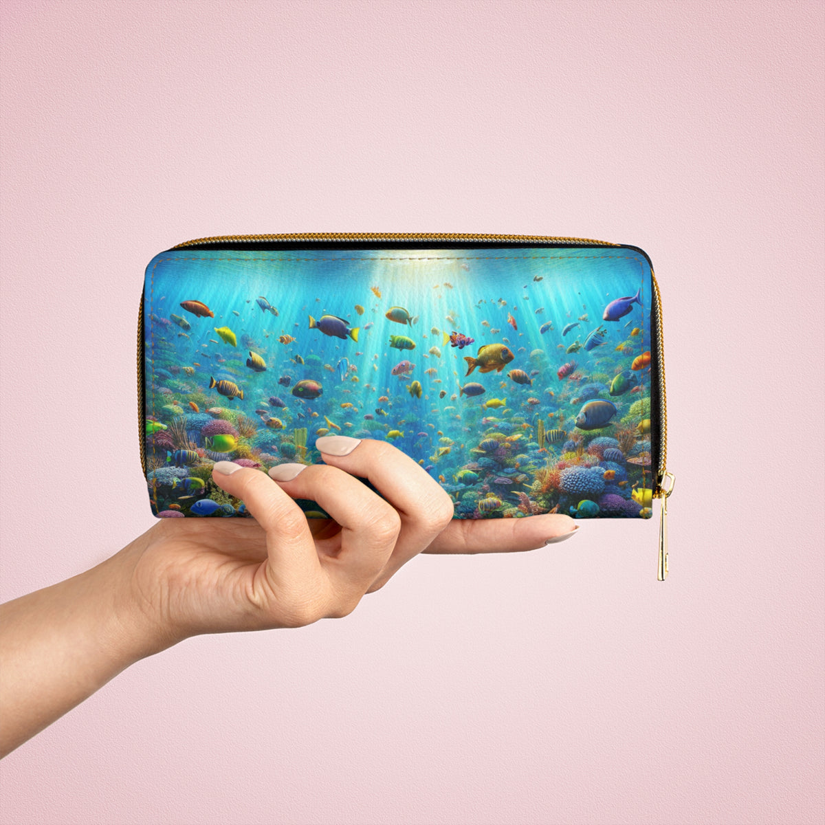 Tropical Zipper Wallet, Faux Leather / Vibrant Clutch / Busy Coral Reef