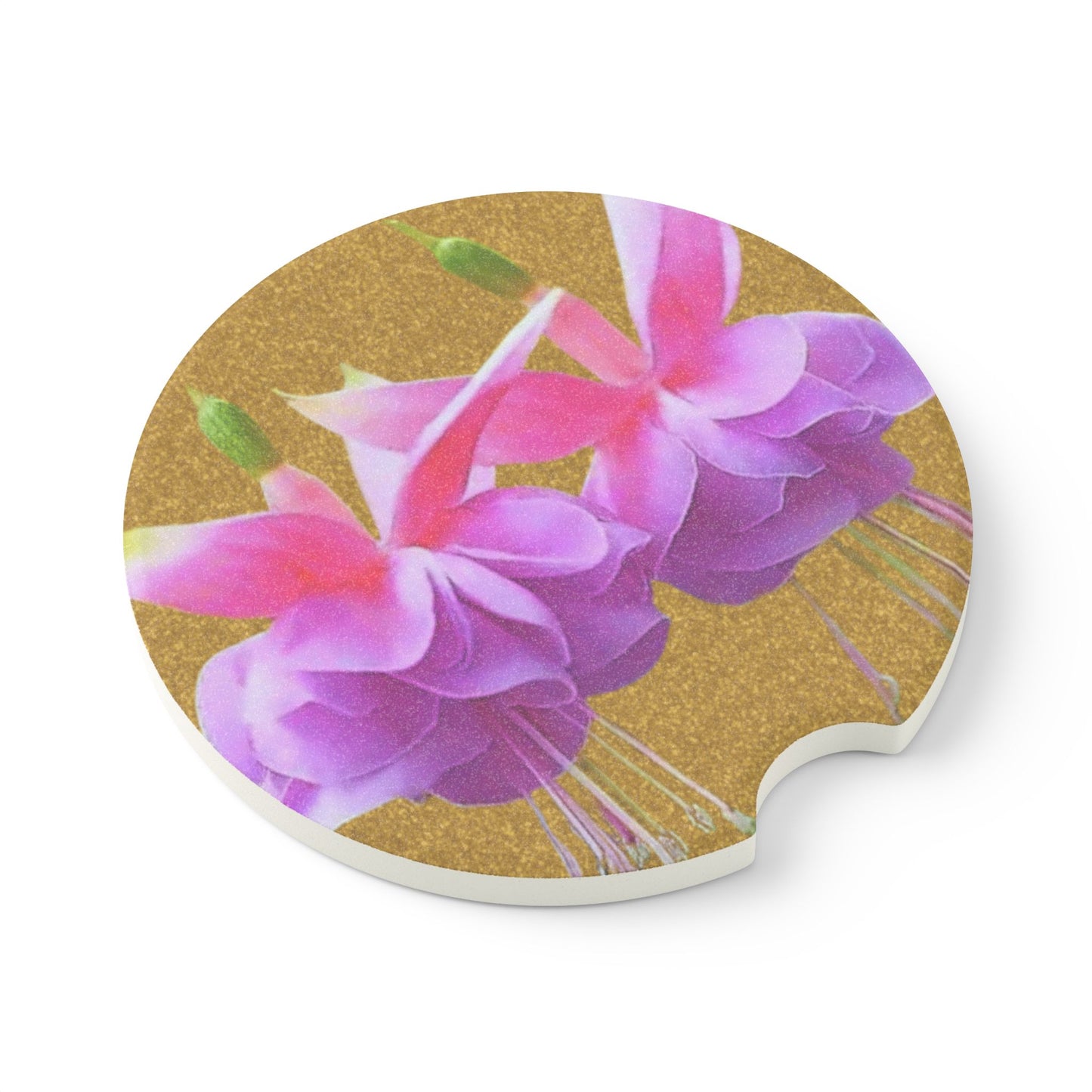 Soapstone Car Coaster - Two Fuchsias, Gold